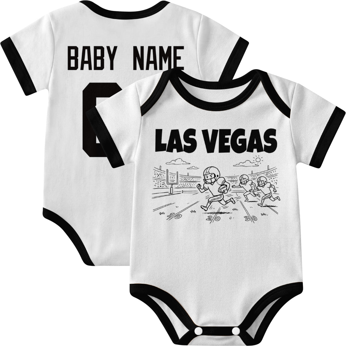 Las Vegas personalized baby football bodysuit in Black showing front field action scene and back custom baby name and number