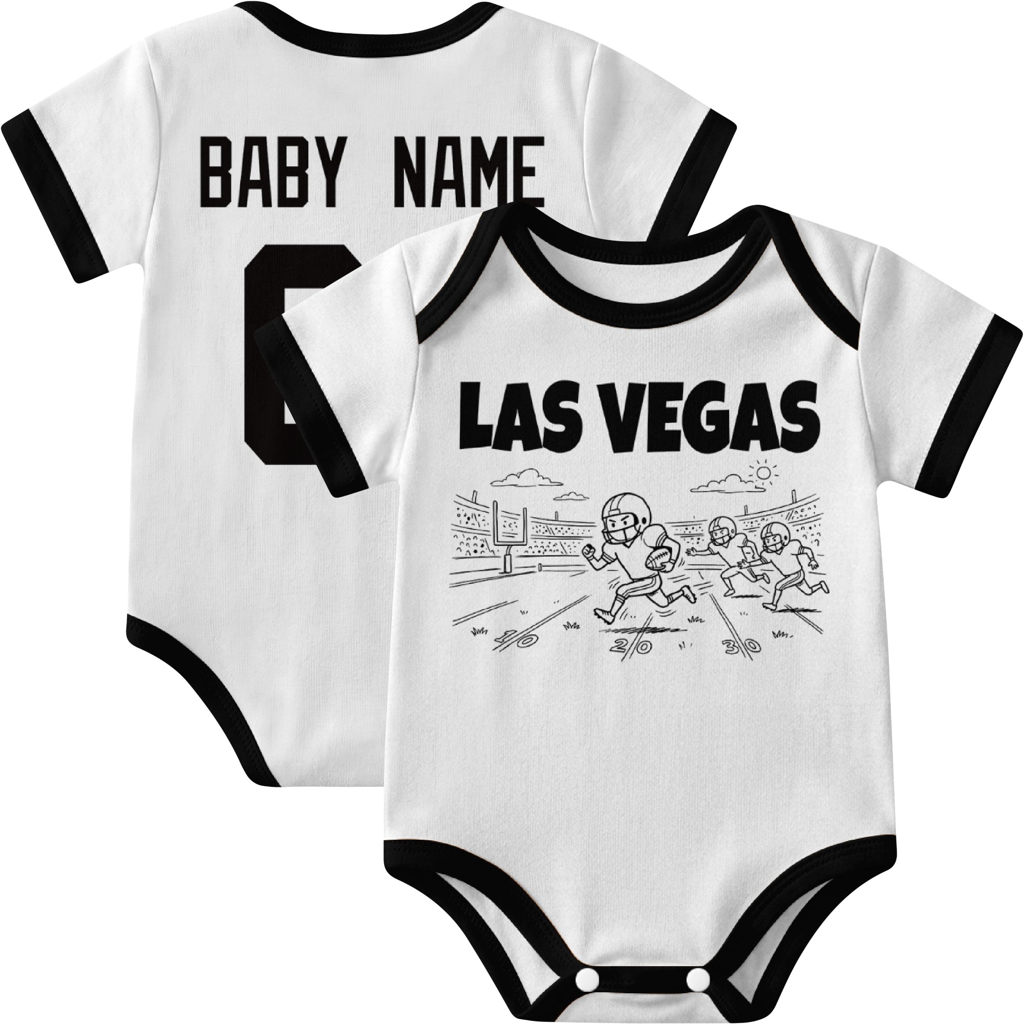 Las Vegas personalized baby football bodysuit in White showing front field action scene and back custom baby name and number