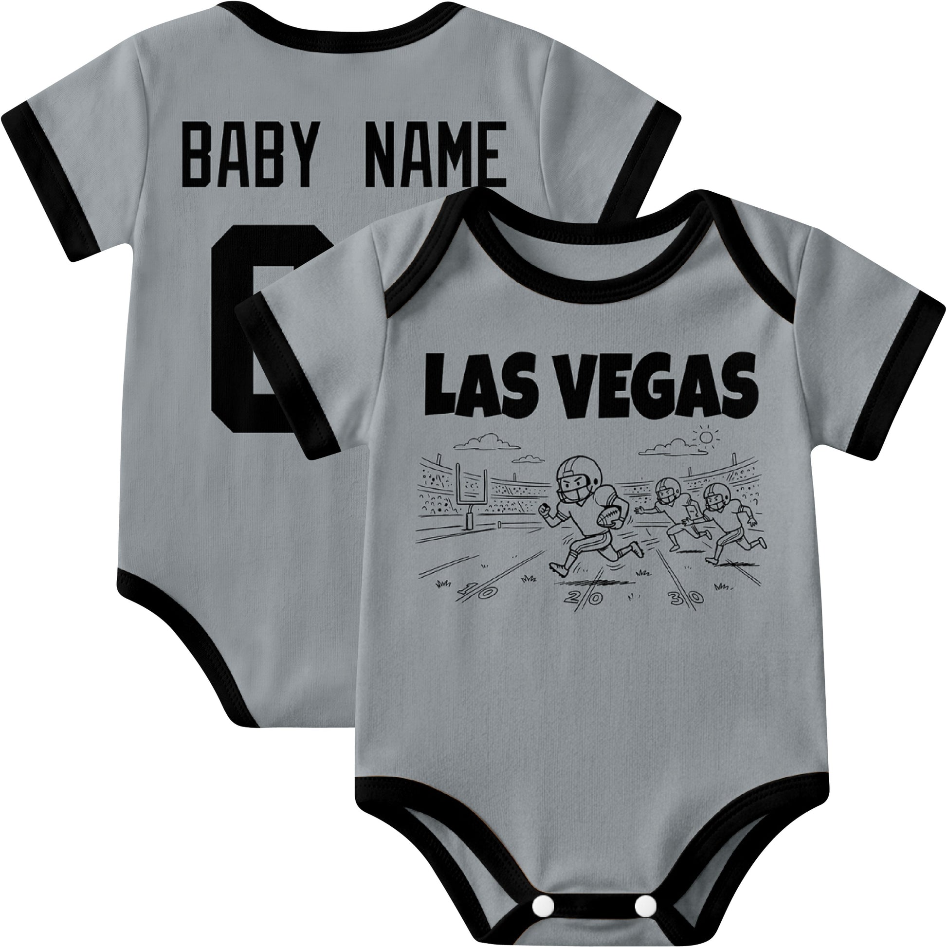 Las Vegas personalized baby football bodysuit in Gray showing front field action scene and back custom baby name and number