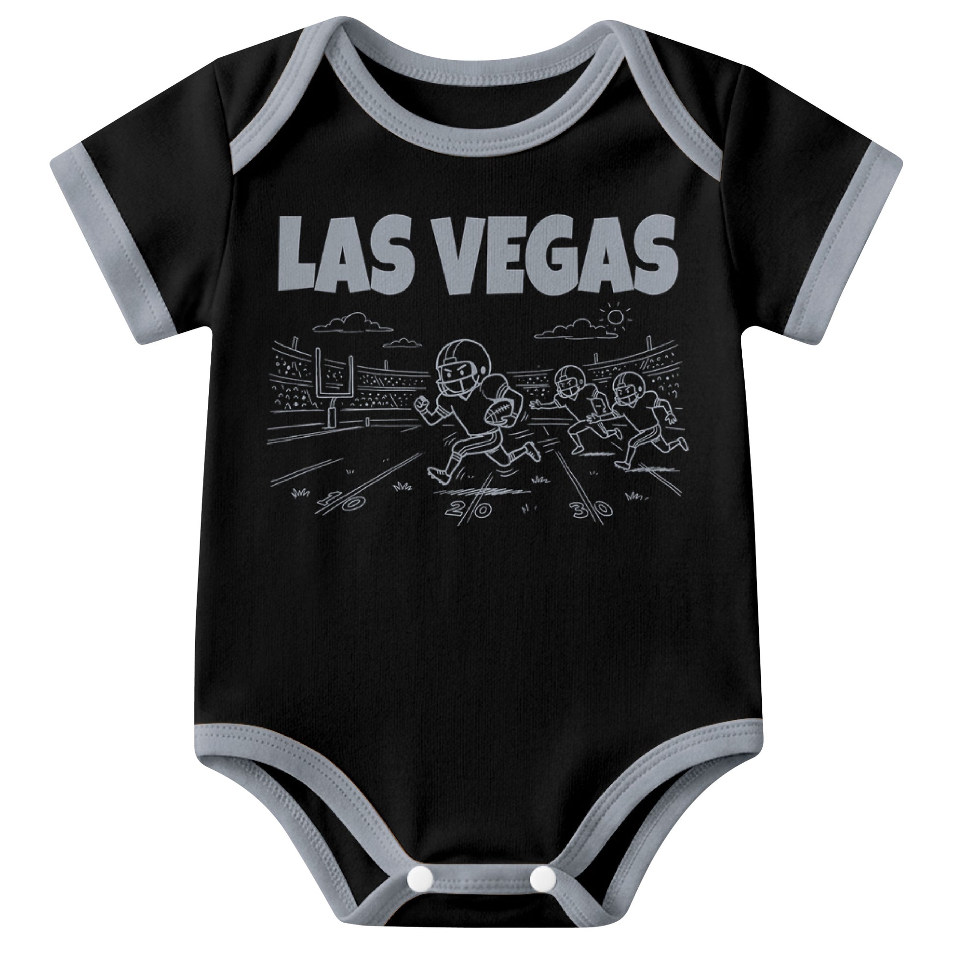 Las Vegas Black baby football bodysuit front view with city lettering and football field action graphic