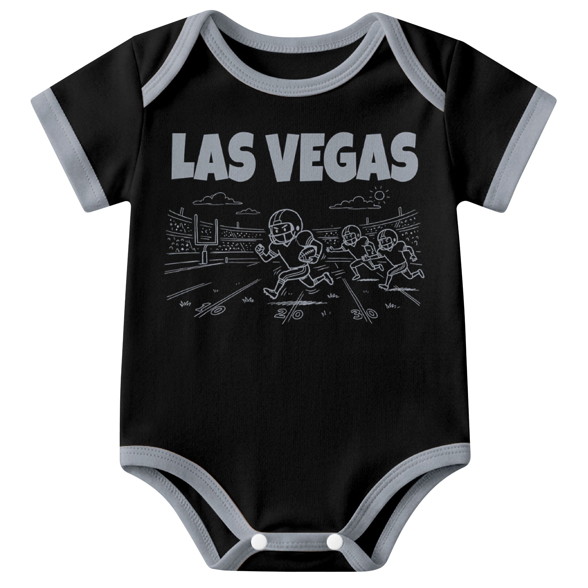 Las Vegas Black baby football bodysuit front view with city lettering and football field action graphic