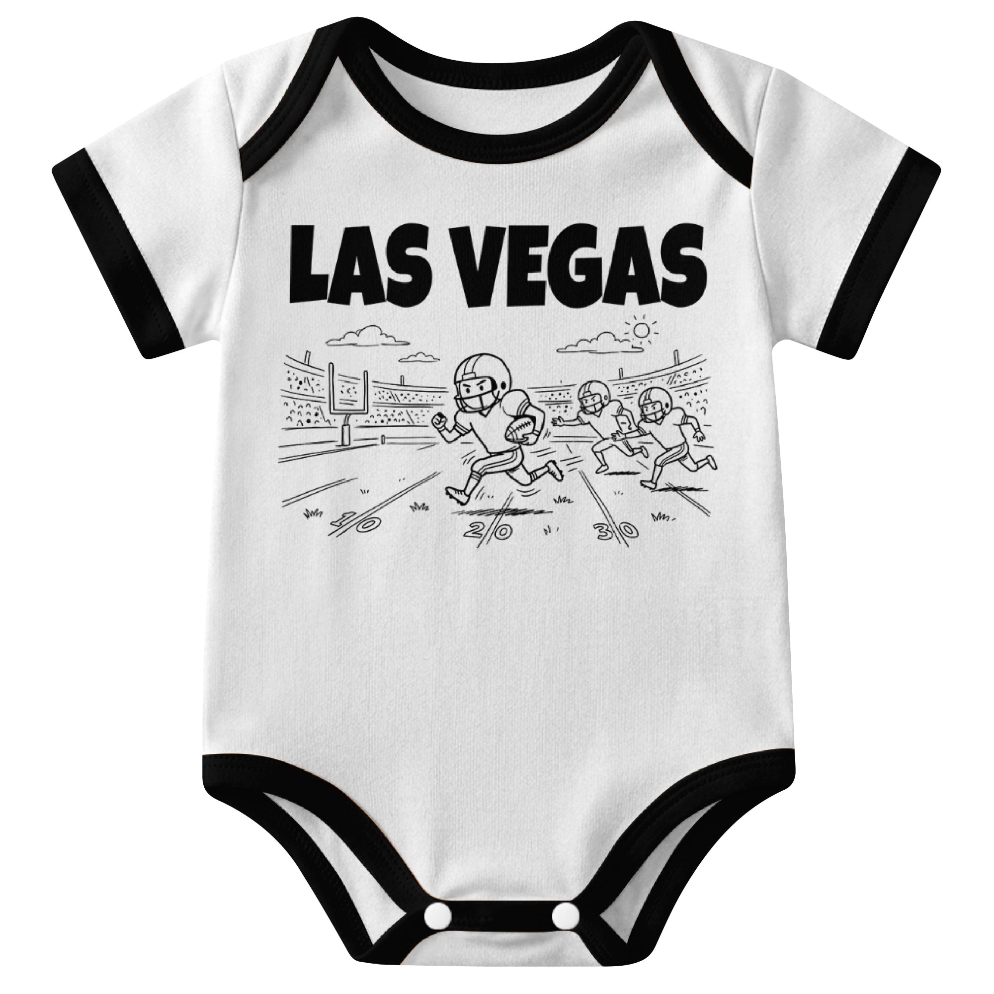 Las Vegas White baby football bodysuit front view with city lettering and football field action graphic