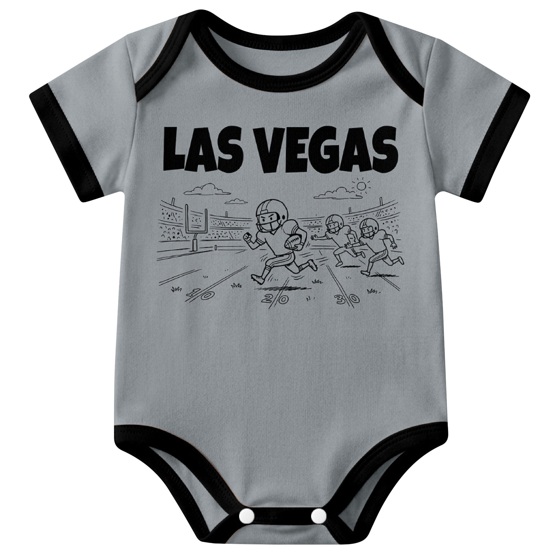 Las Vegas Gray baby football bodysuit front view with city lettering and football field action graphic