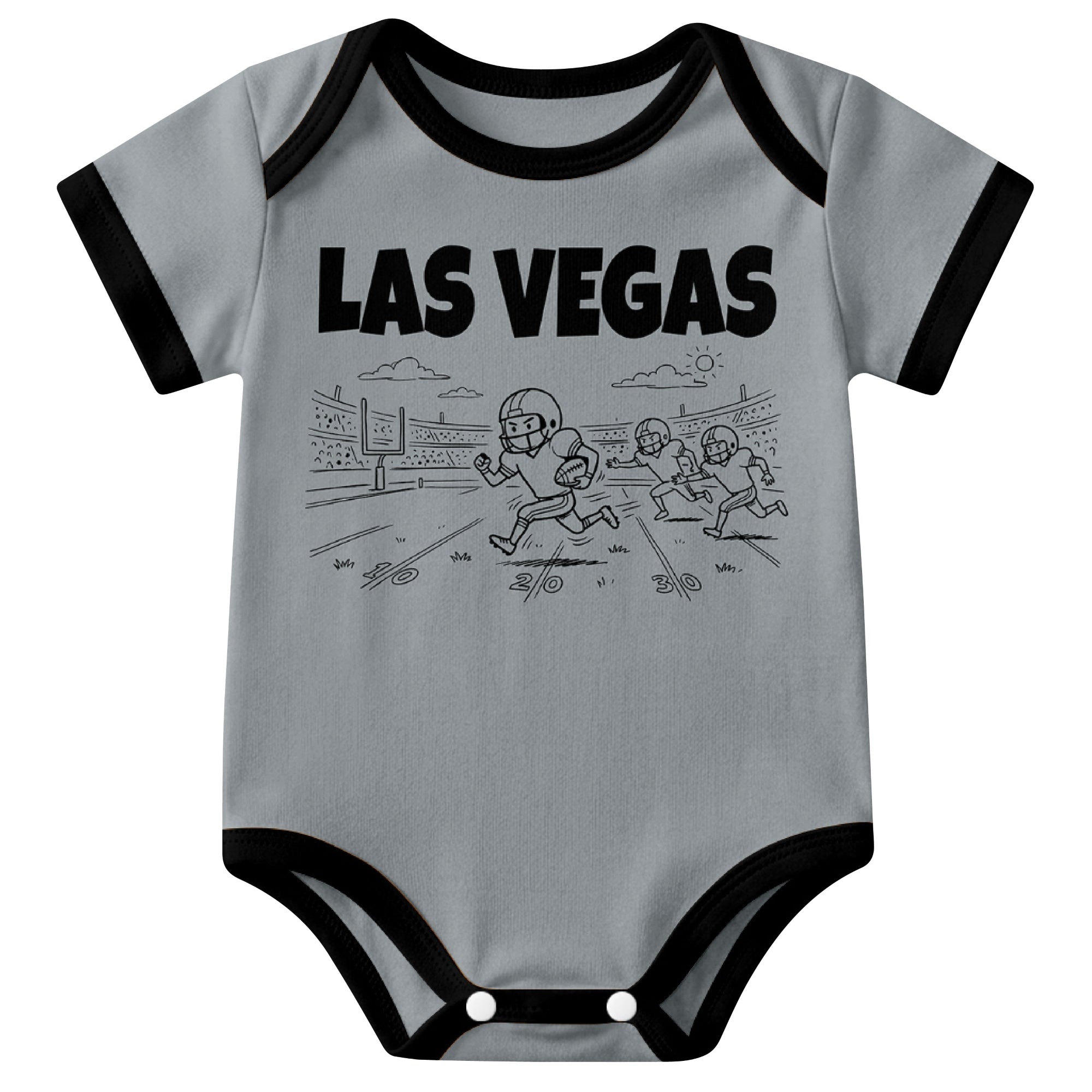 Las Vegas Gray baby football bodysuit front view with city lettering and football field action graphic