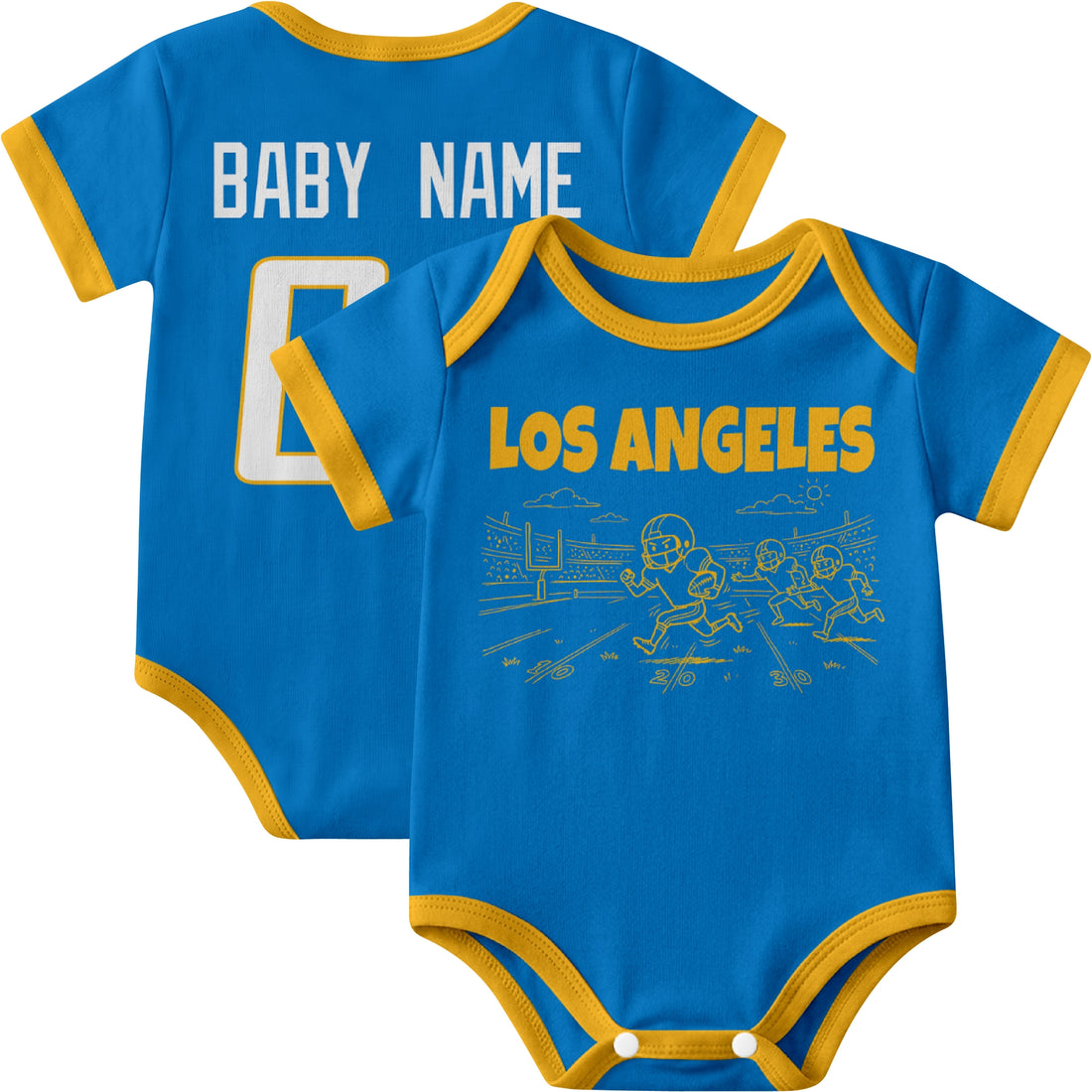 Los Angeles Blue personalized baby football bodysuit in Blue showing front field action scene and back custom baby name and number