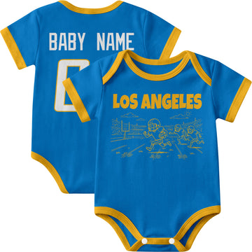 Los Angeles Blue personalized baby football bodysuit in Blue showing front field action scene and back custom baby name and number