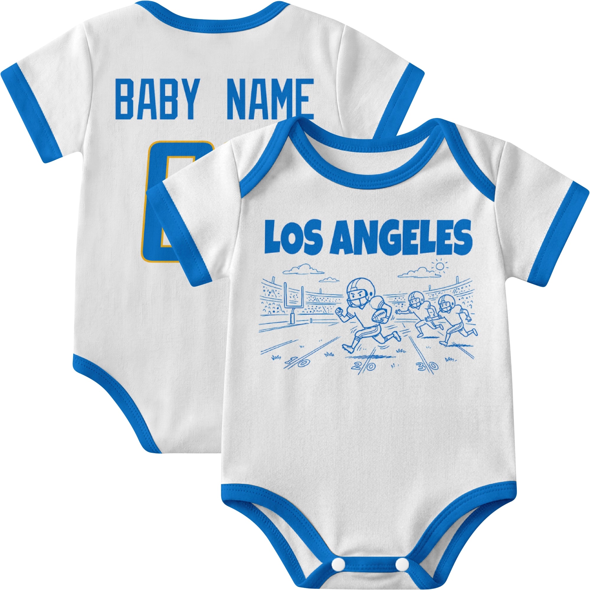 Los Angeles Blue personalized baby football bodysuit in White showing front field action scene and back custom baby name and number