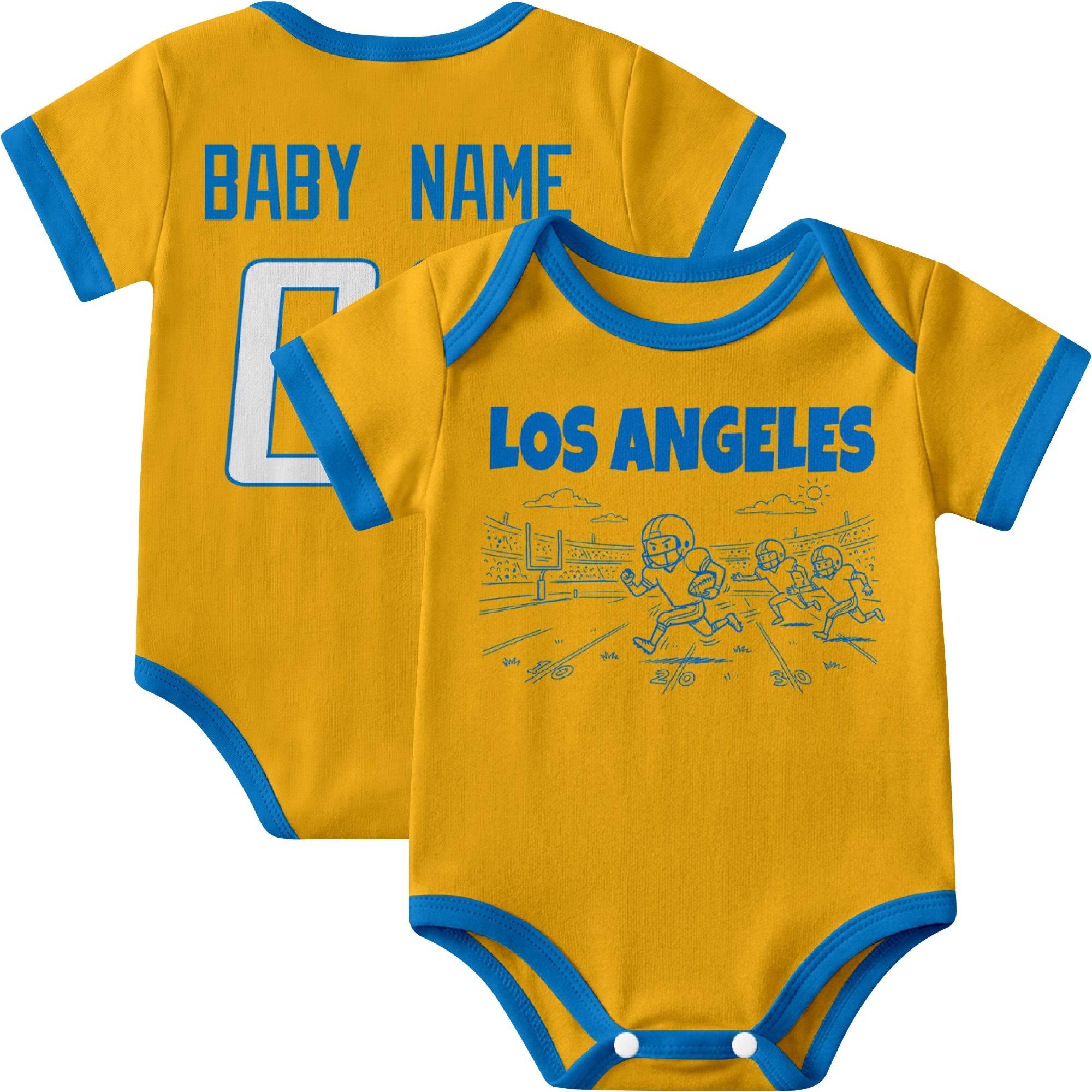Los Angeles Blue personalized baby football bodysuit in Gold showing front field action scene and back custom baby name and number