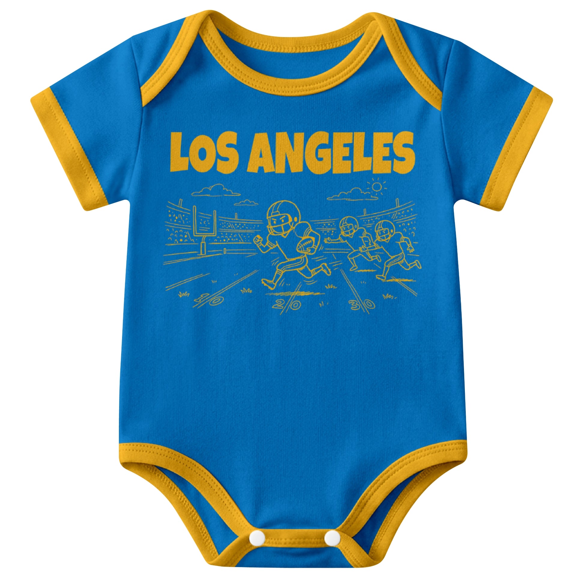 Los Angeles Blue Blue baby football bodysuit front view with city lettering and football field action graphic