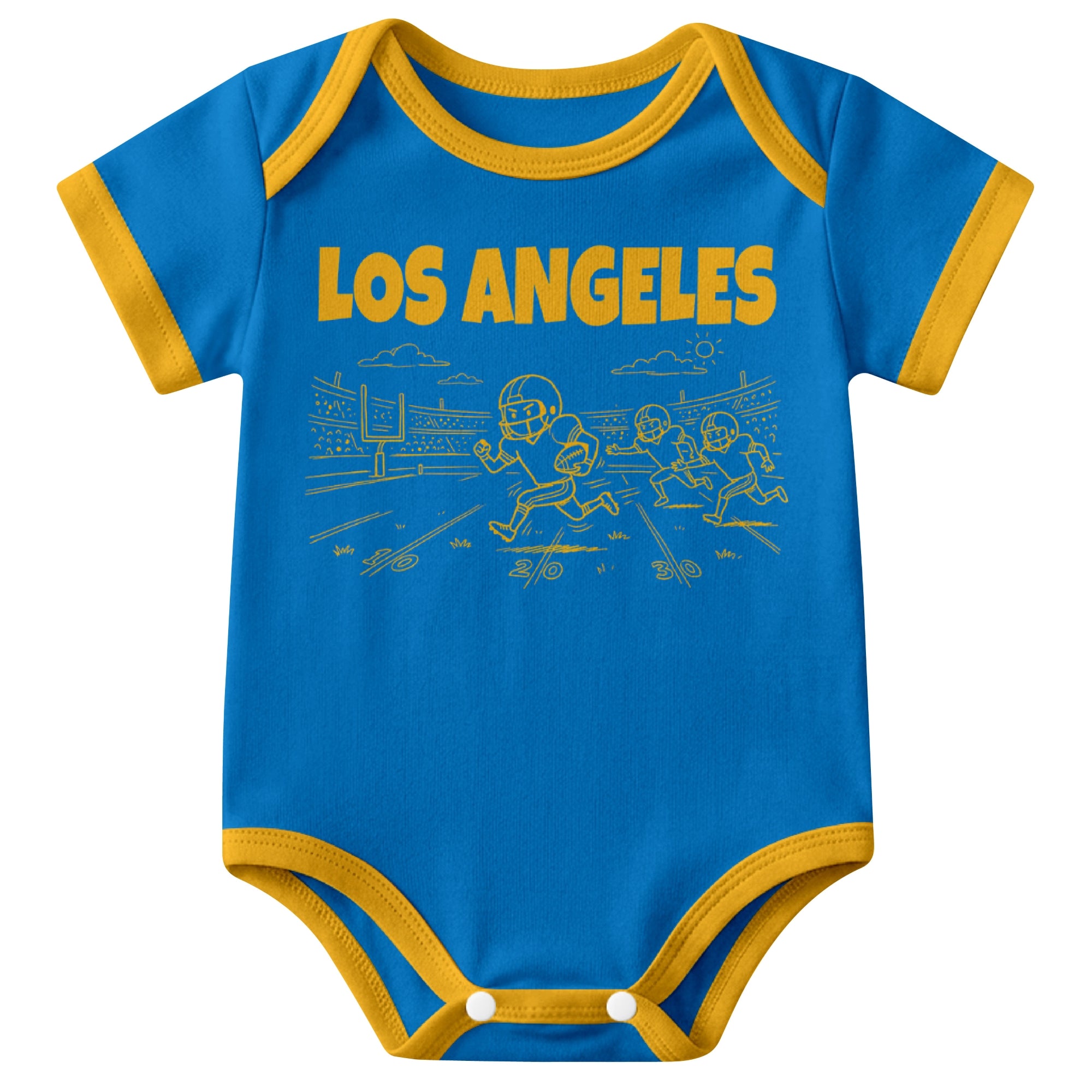 Los Angeles Blue Blue baby football bodysuit front view with city lettering and football field action graphic