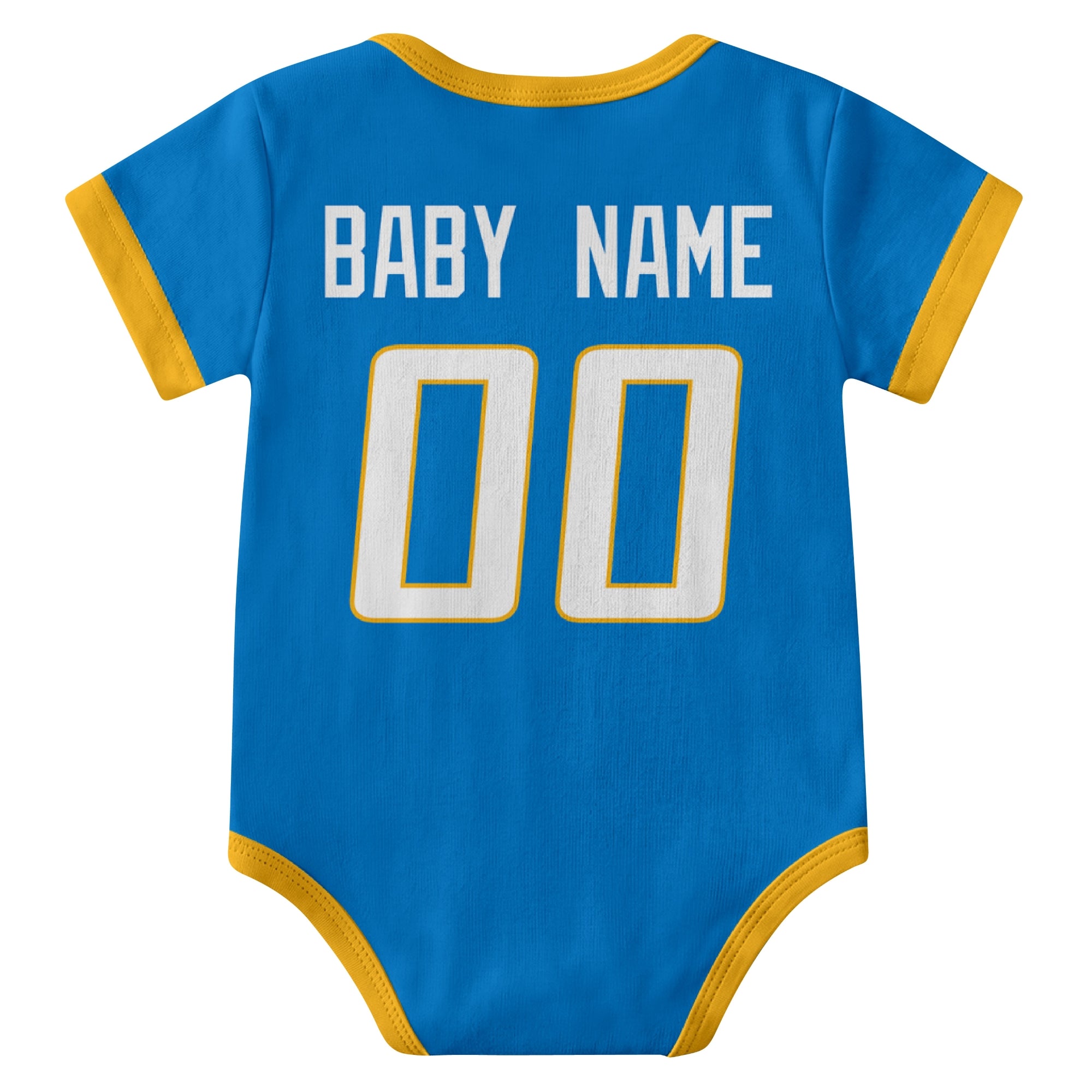 Los Angeles Blue Blue personalized baby football bodysuit back view with custom baby name and jersey number