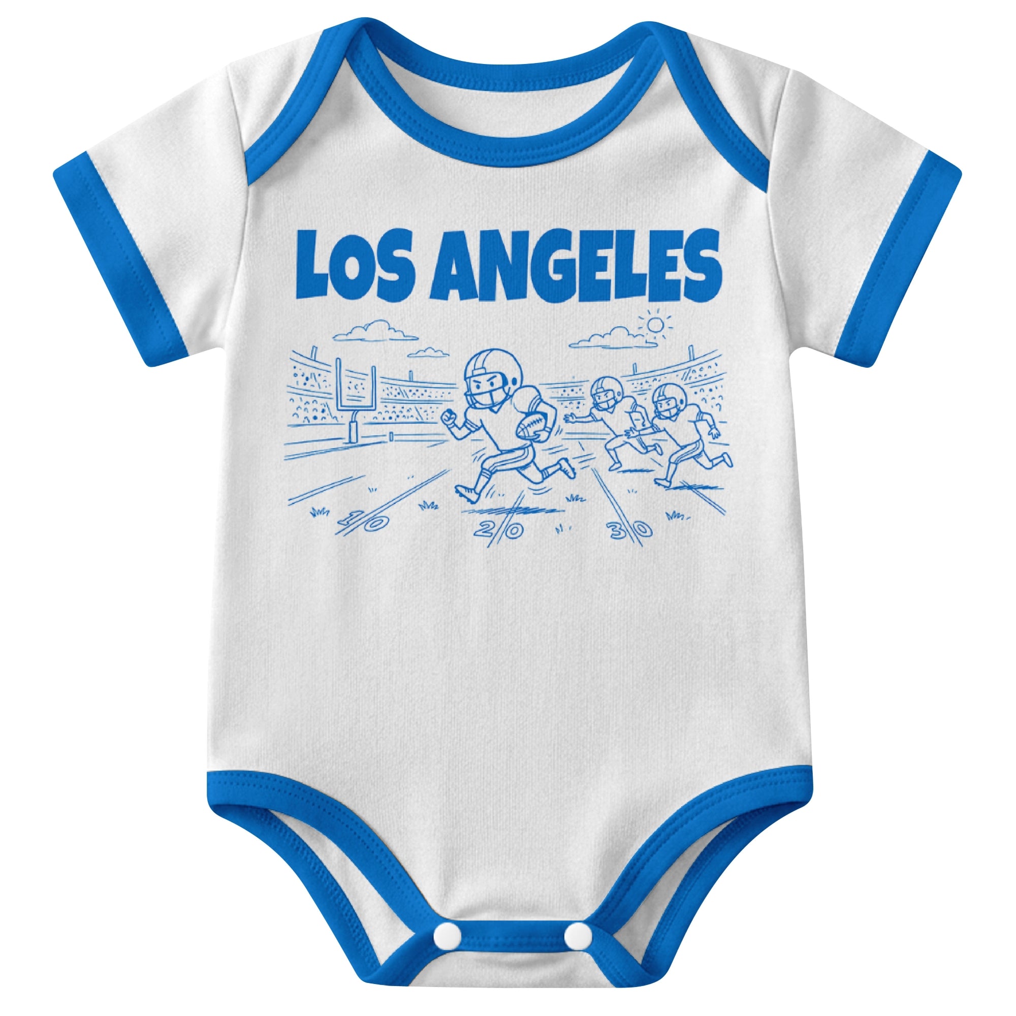 Los Angeles Blue White baby football bodysuit front view with city lettering and football field action graphic