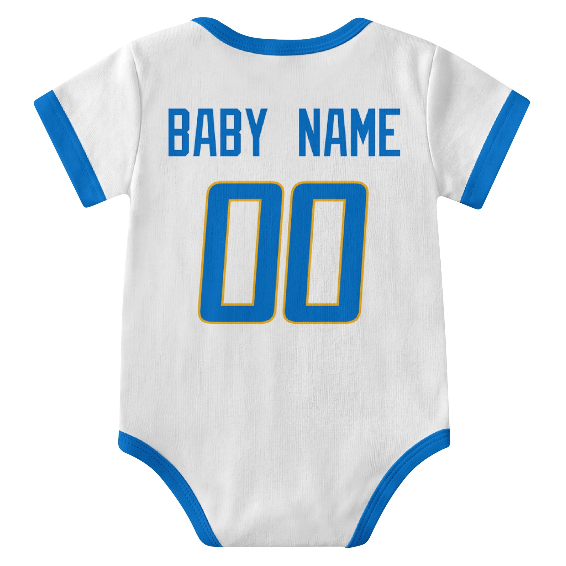 Los Angeles Blue White personalized baby football bodysuit back view with custom baby name and jersey number