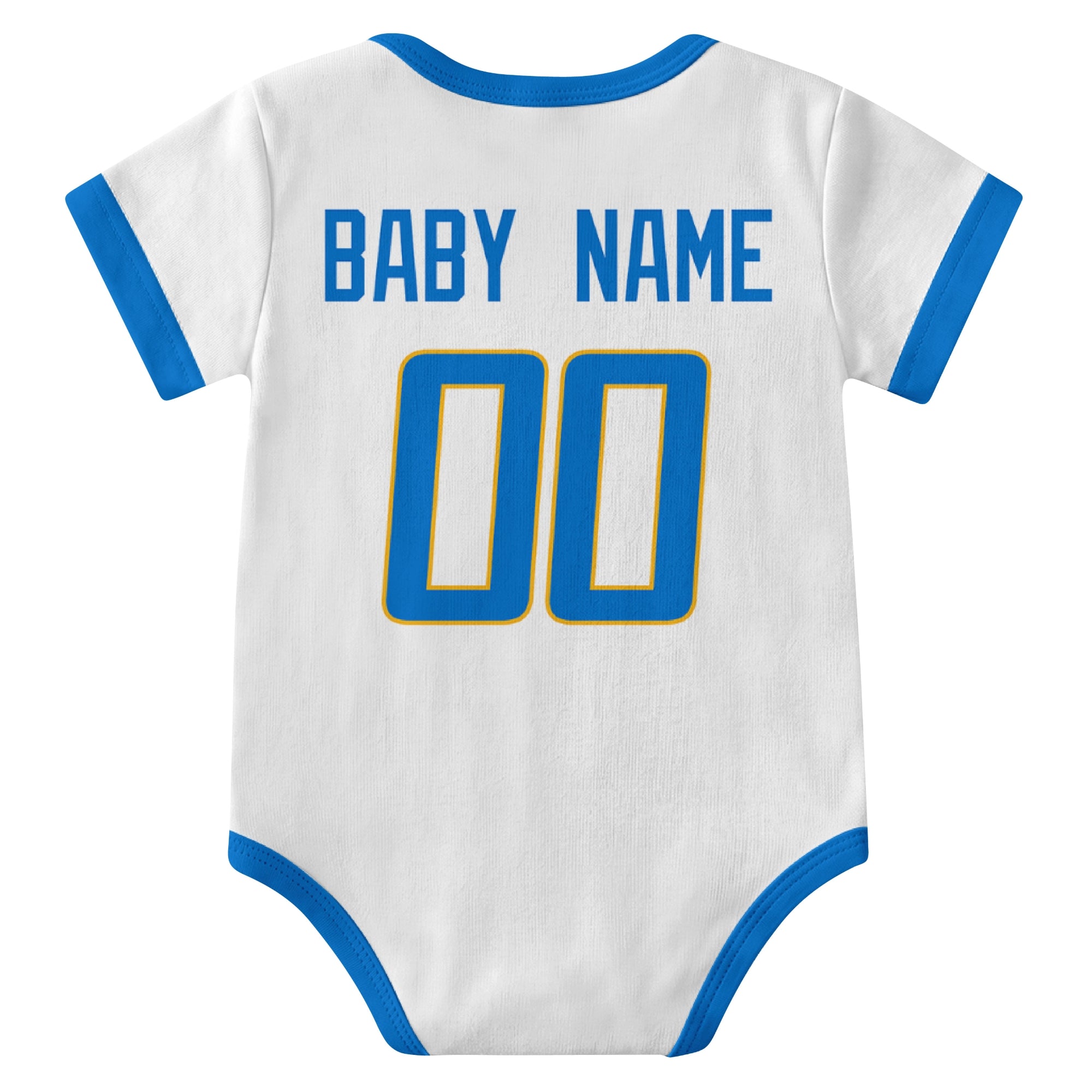 Los Angeles Blue White personalized baby football bodysuit back view with custom baby name and jersey number