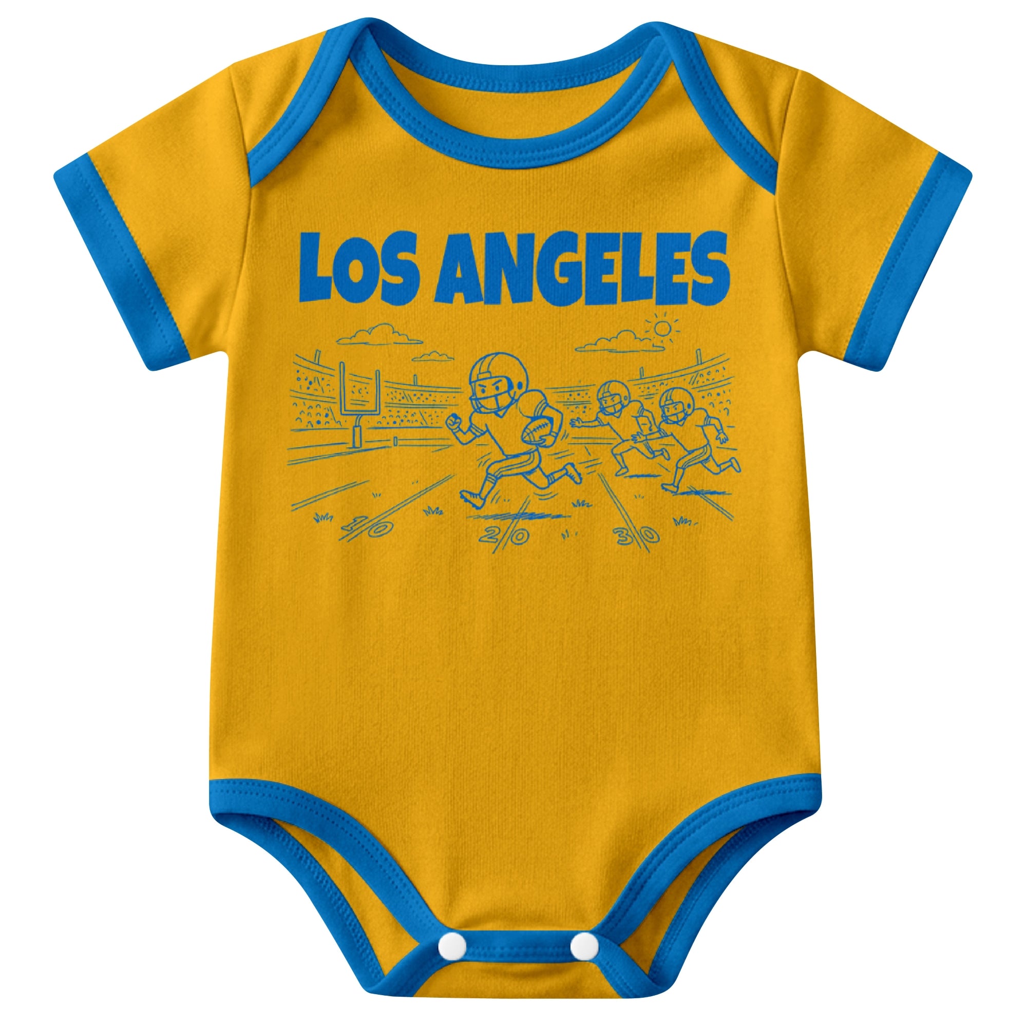 Los Angeles Blue Gold baby football bodysuit front view with city lettering and football field action graphic