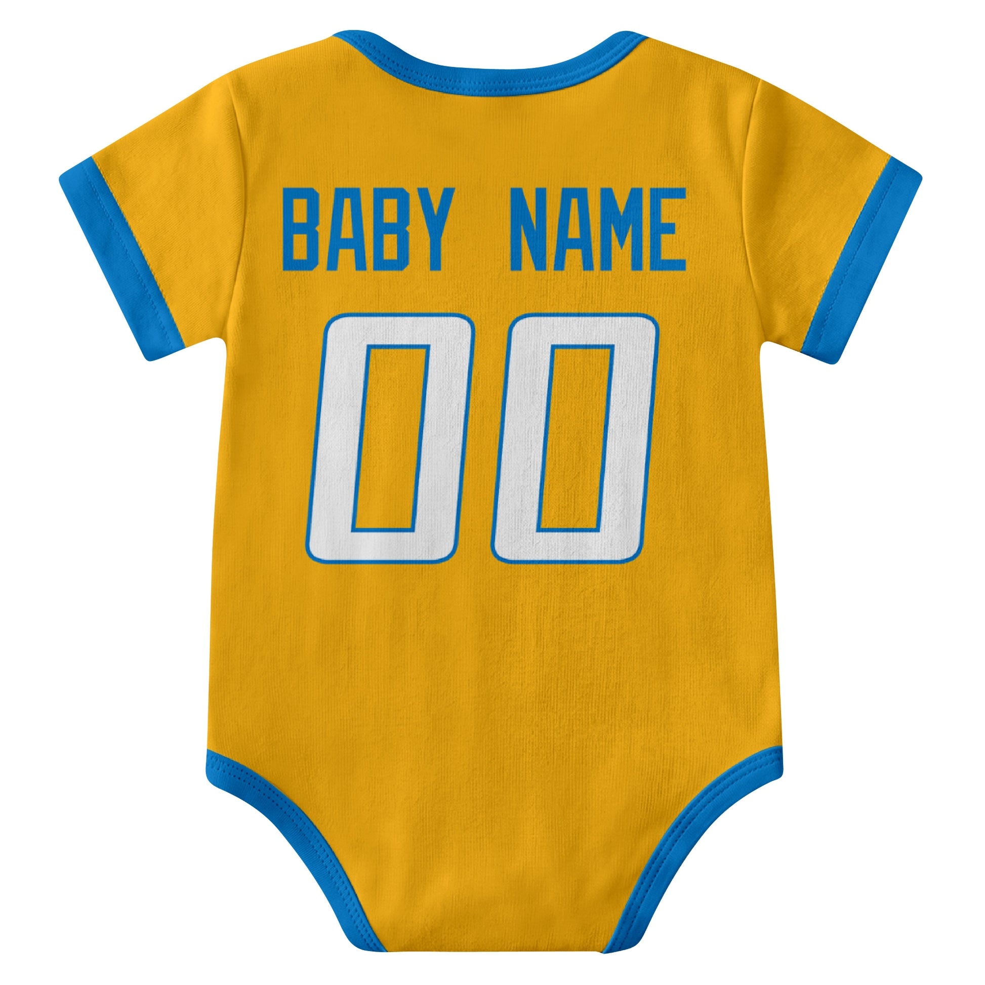 Los Angeles Blue Gold personalized baby football bodysuit back view with custom baby name and jersey number