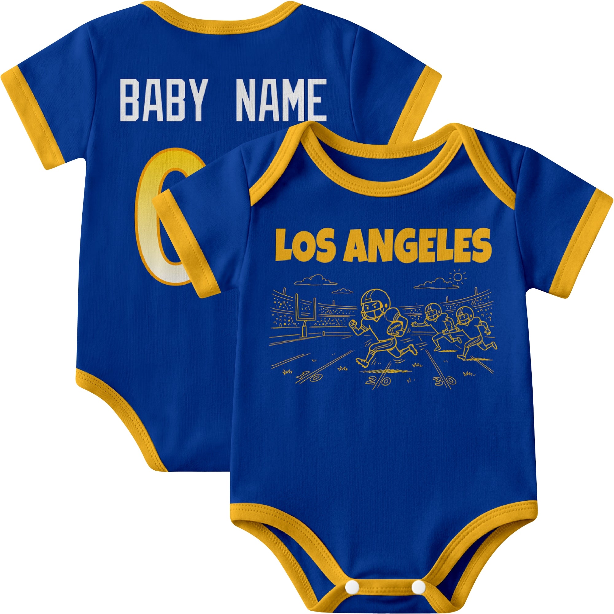 Los Angeles Royal personalized baby football bodysuit in Royal showing front field action scene and back custom baby name and number
