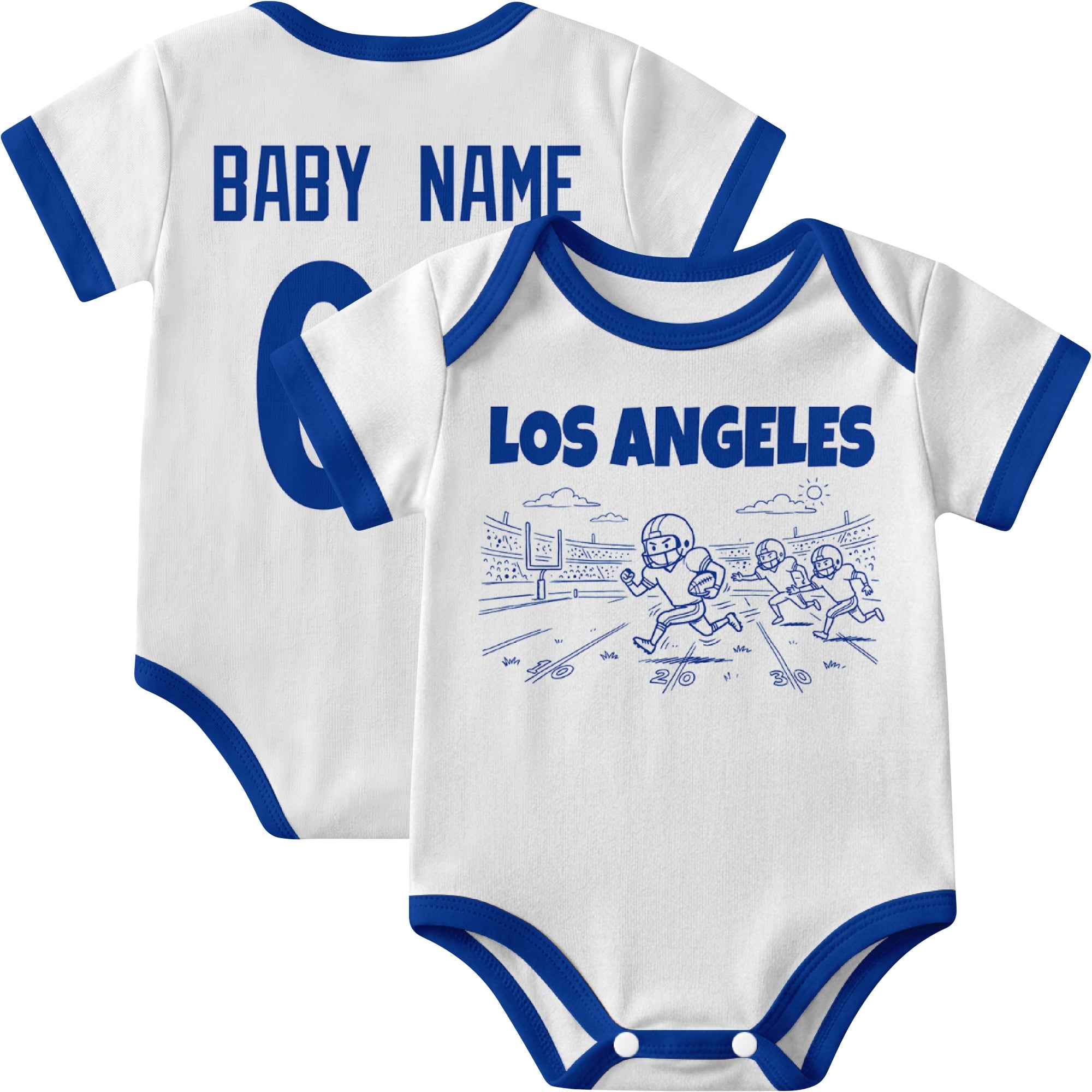 Los Angeles Royal personalized baby football bodysuit in White showing front field action scene and back custom baby name and number