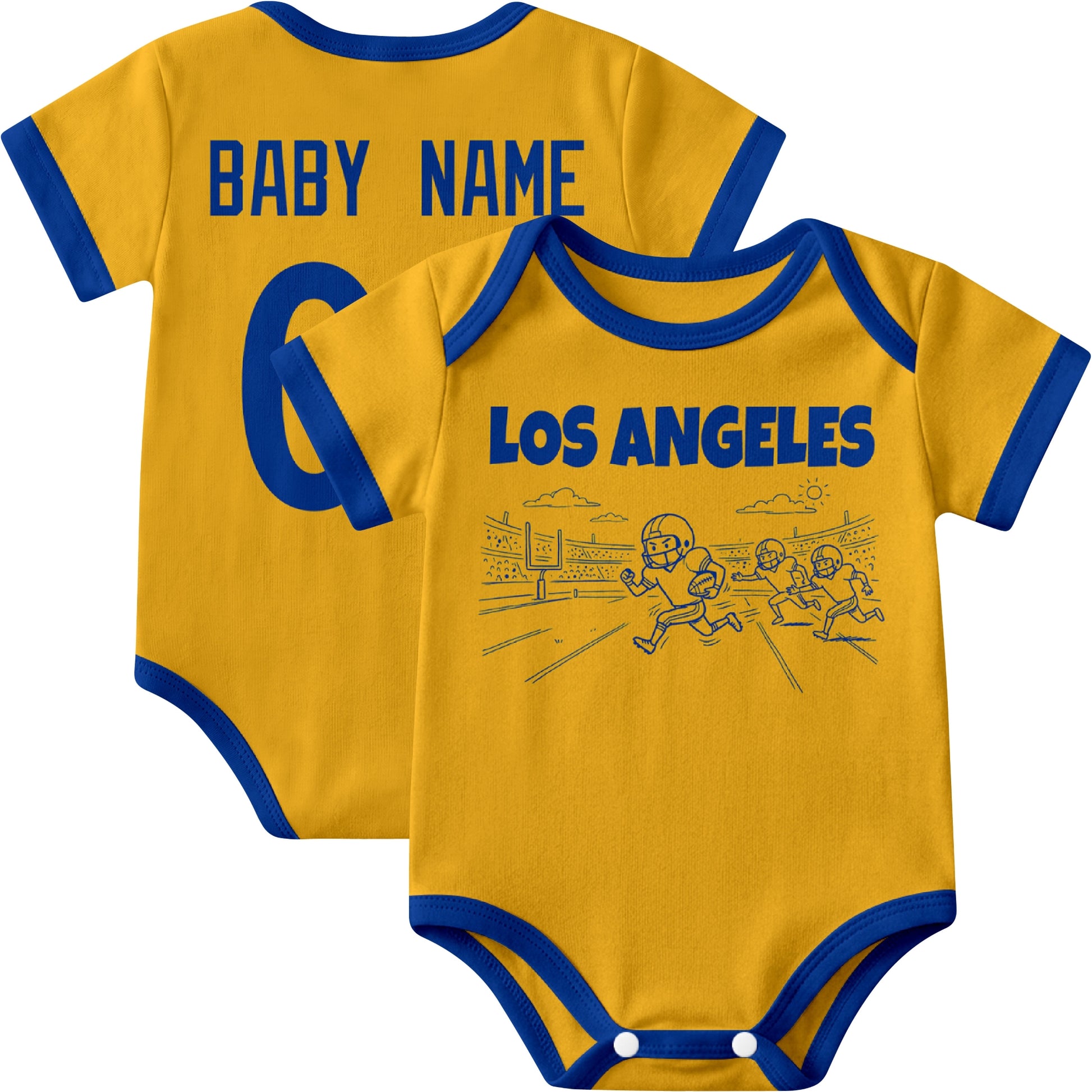 Los Angeles Royal personalized baby football bodysuit in Gold showing front field action scene and back custom baby name and number