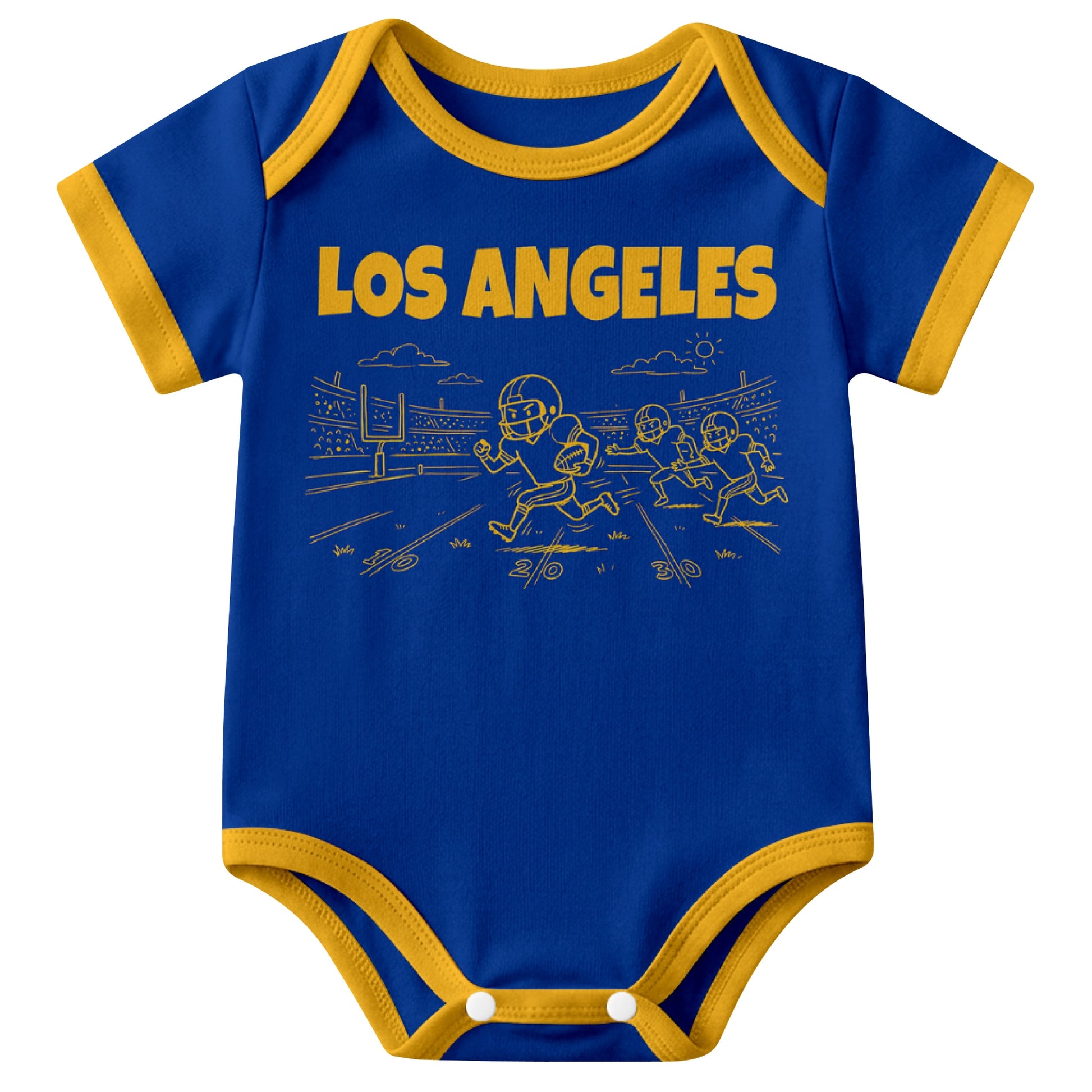 Los Angeles Royal Royal baby football bodysuit front view with city lettering and football field action graphic