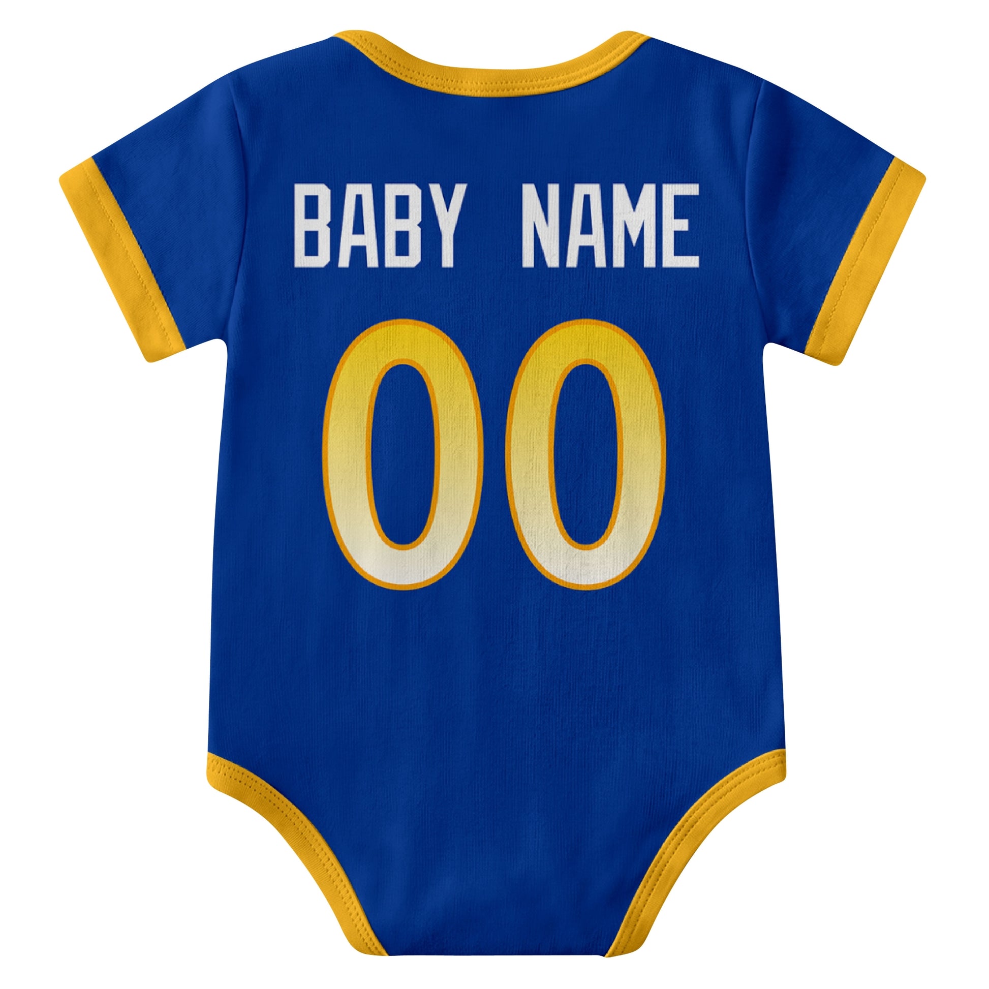 Los Angeles Royal Royal personalized baby football bodysuit back view with custom baby name and jersey number