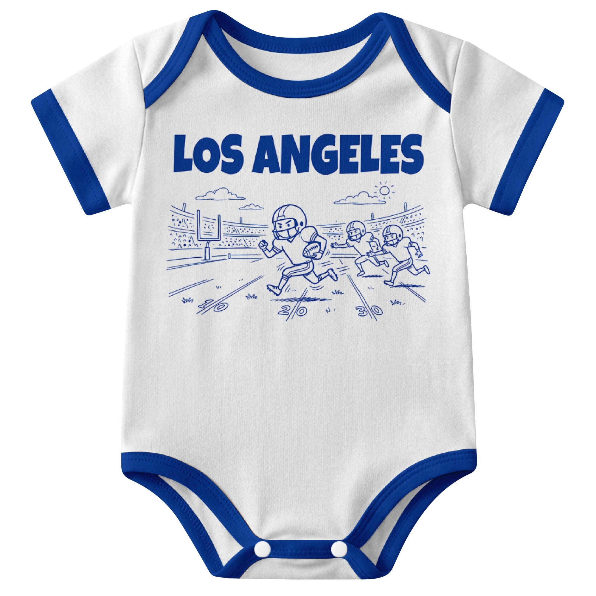 Los Angeles Royal White baby football bodysuit front view with city lettering and football field action graphic