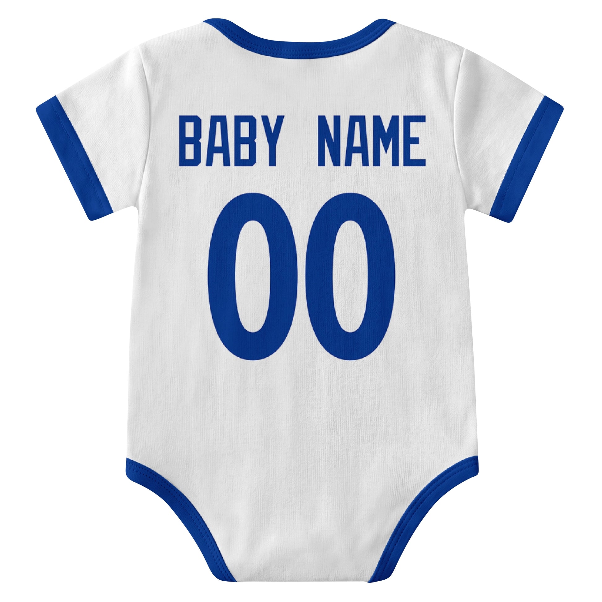 Los Angeles Royal White personalized baby football bodysuit back view with custom baby name and jersey number