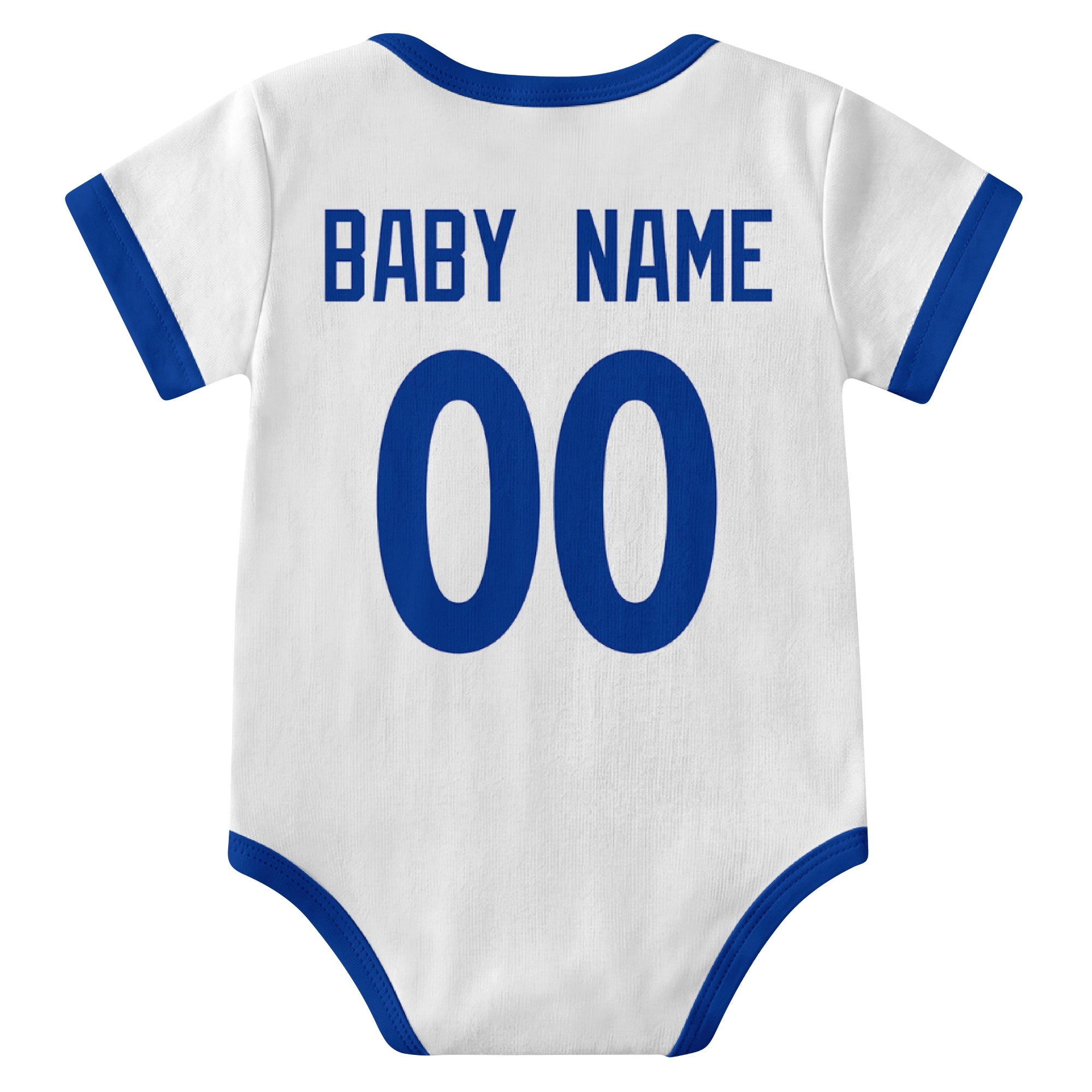 Los Angeles Royal White personalized baby football bodysuit back view with custom baby name and jersey number