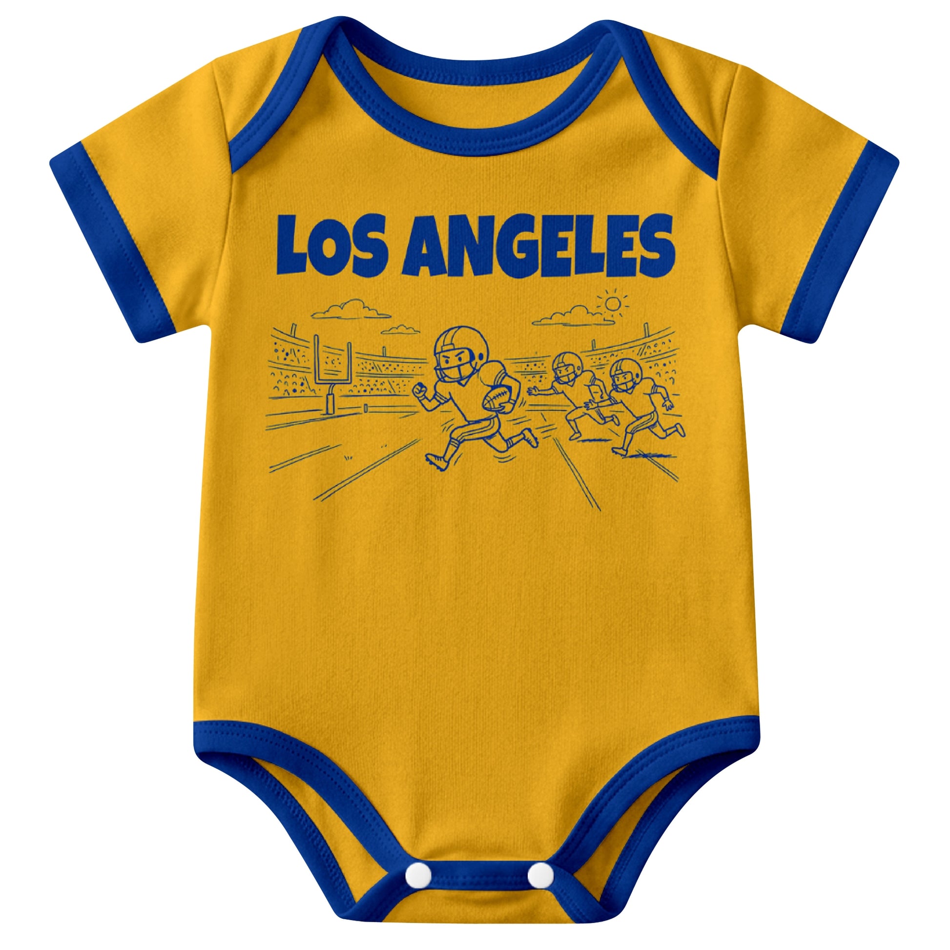 Los Angeles Royal Gold baby football bodysuit front view with city lettering and football field action graphic