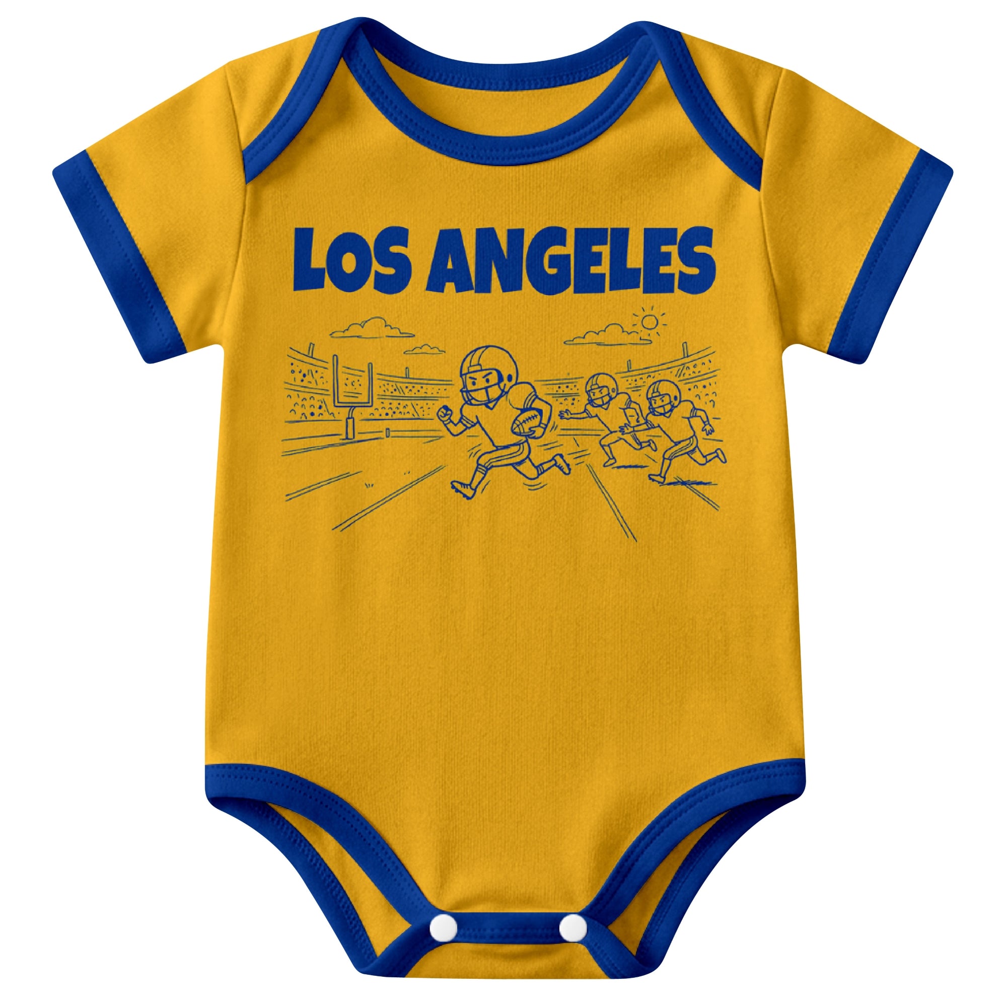 Los Angeles Royal Gold baby football bodysuit front view with city lettering and football field action graphic