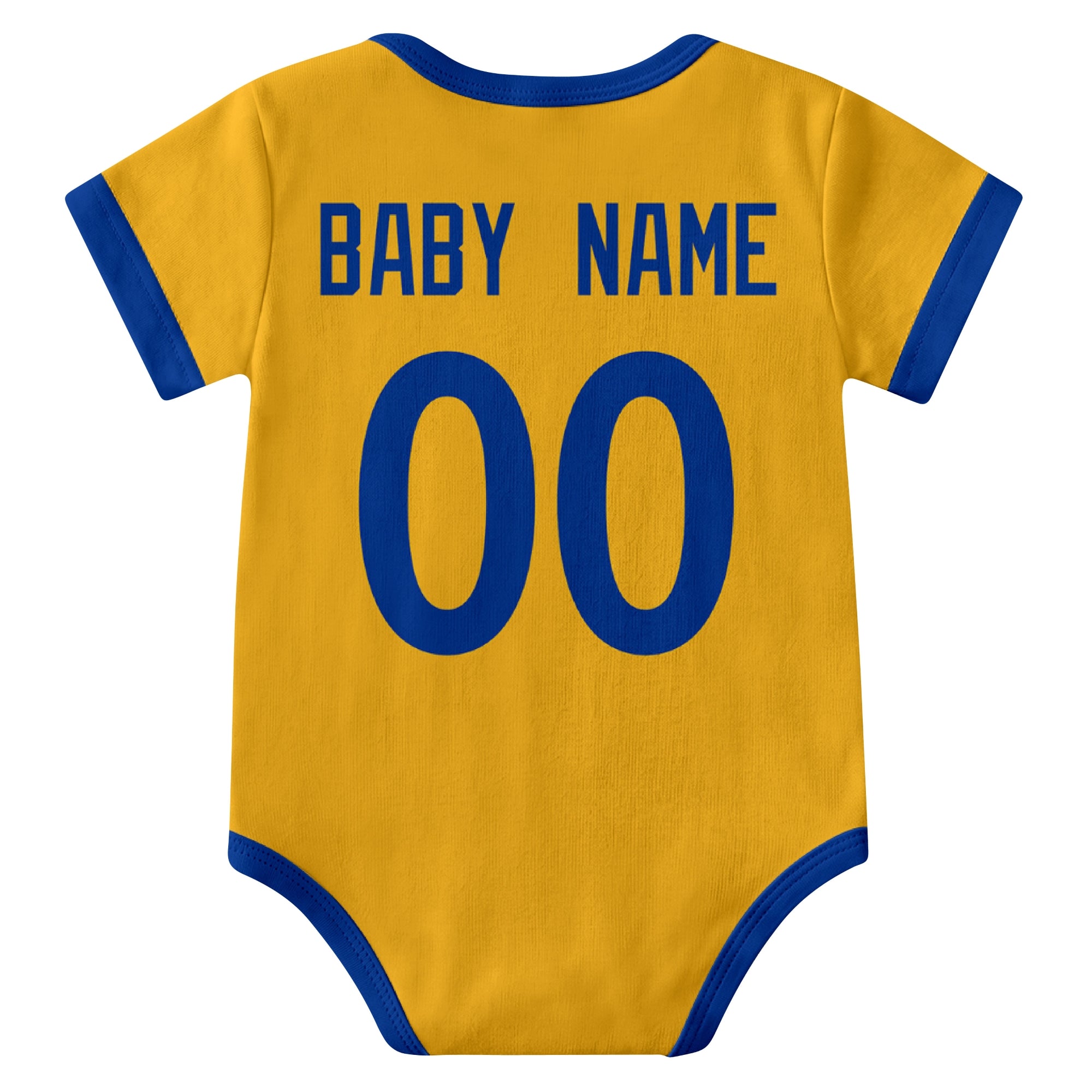 Los Angeles Royal Gold personalized baby football bodysuit back view with custom baby name and jersey number