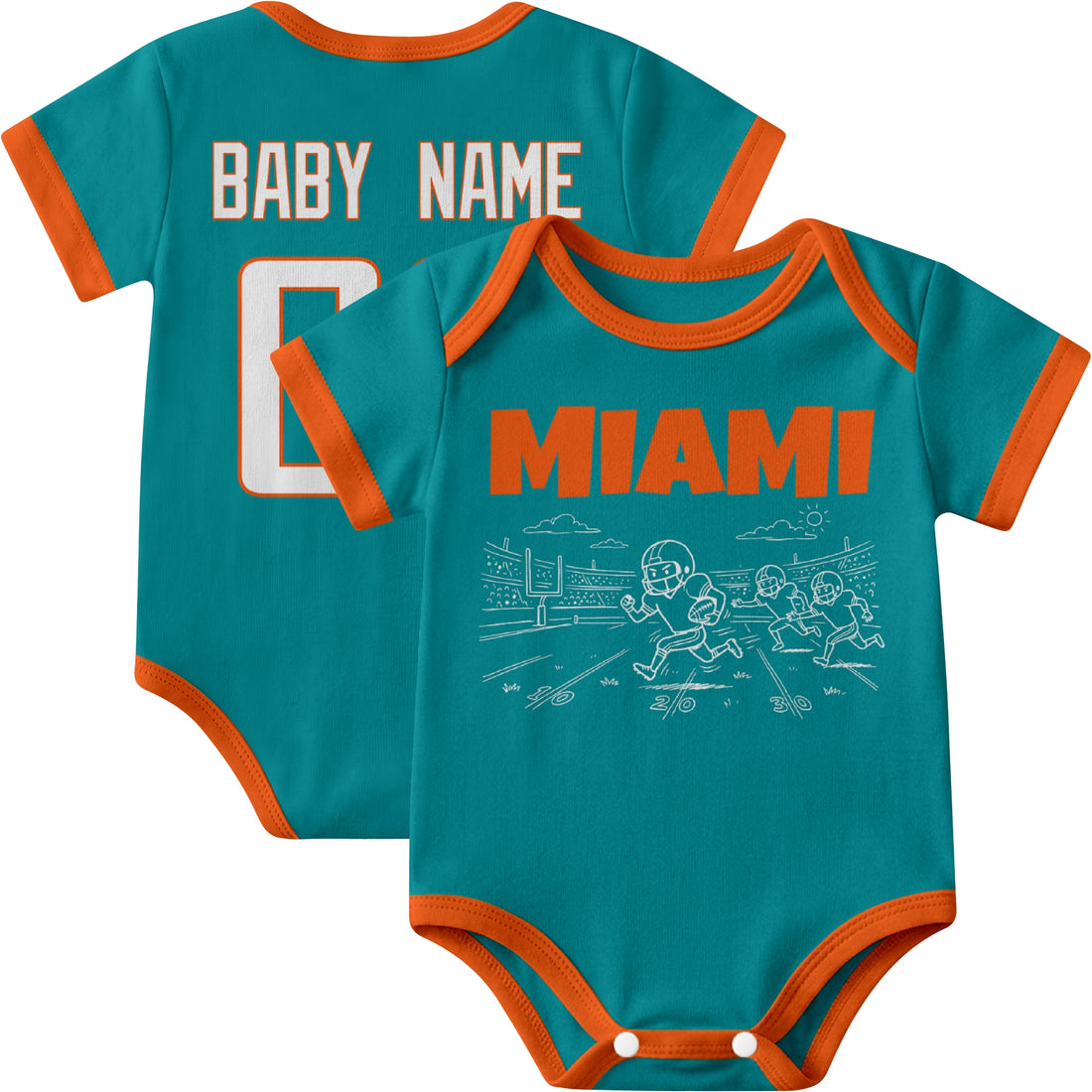 Miami personalized baby football bodysuit in Aqua showing front field action scene and back custom baby name and number
