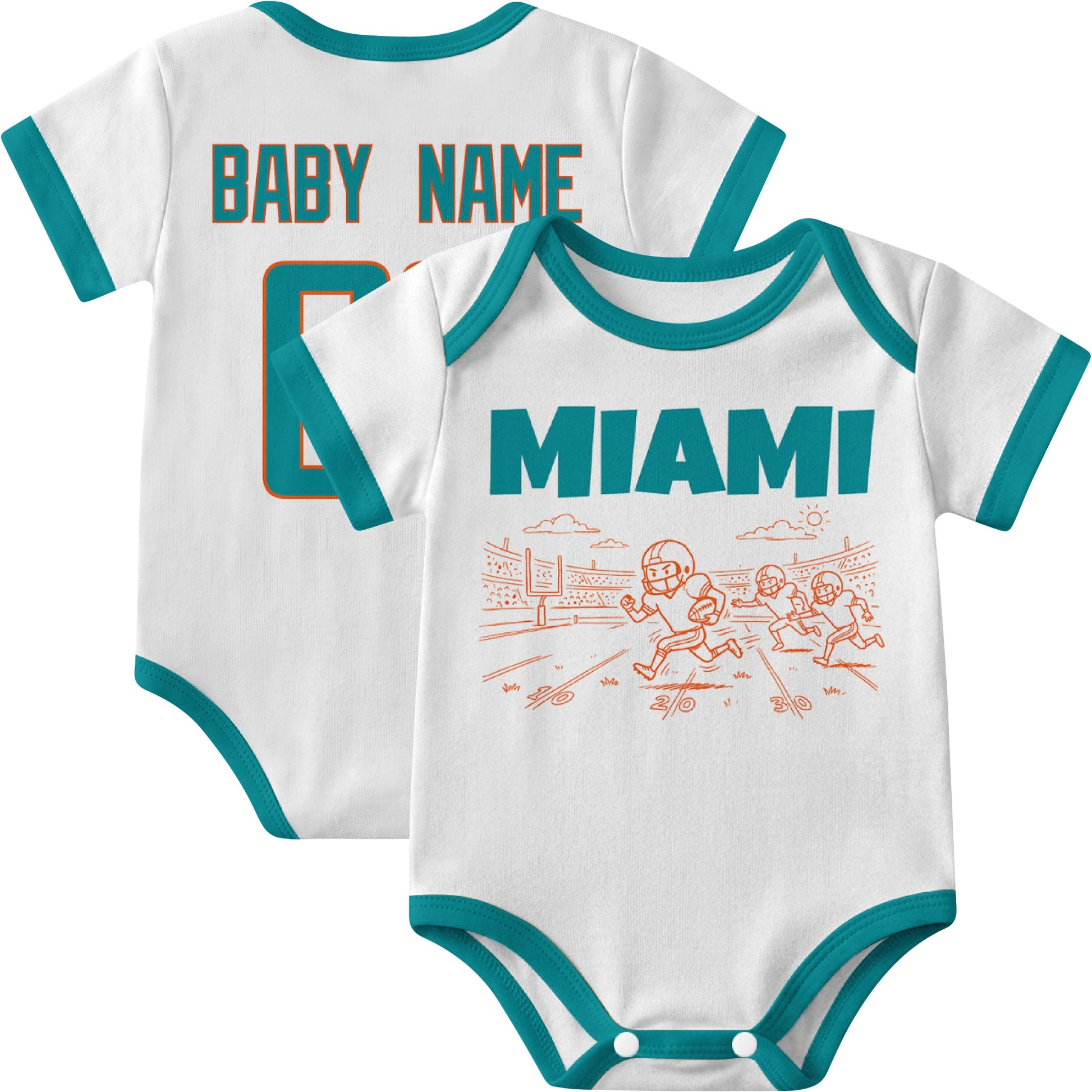 Miami personalized baby football bodysuit in White showing front field action scene and back custom baby name and number