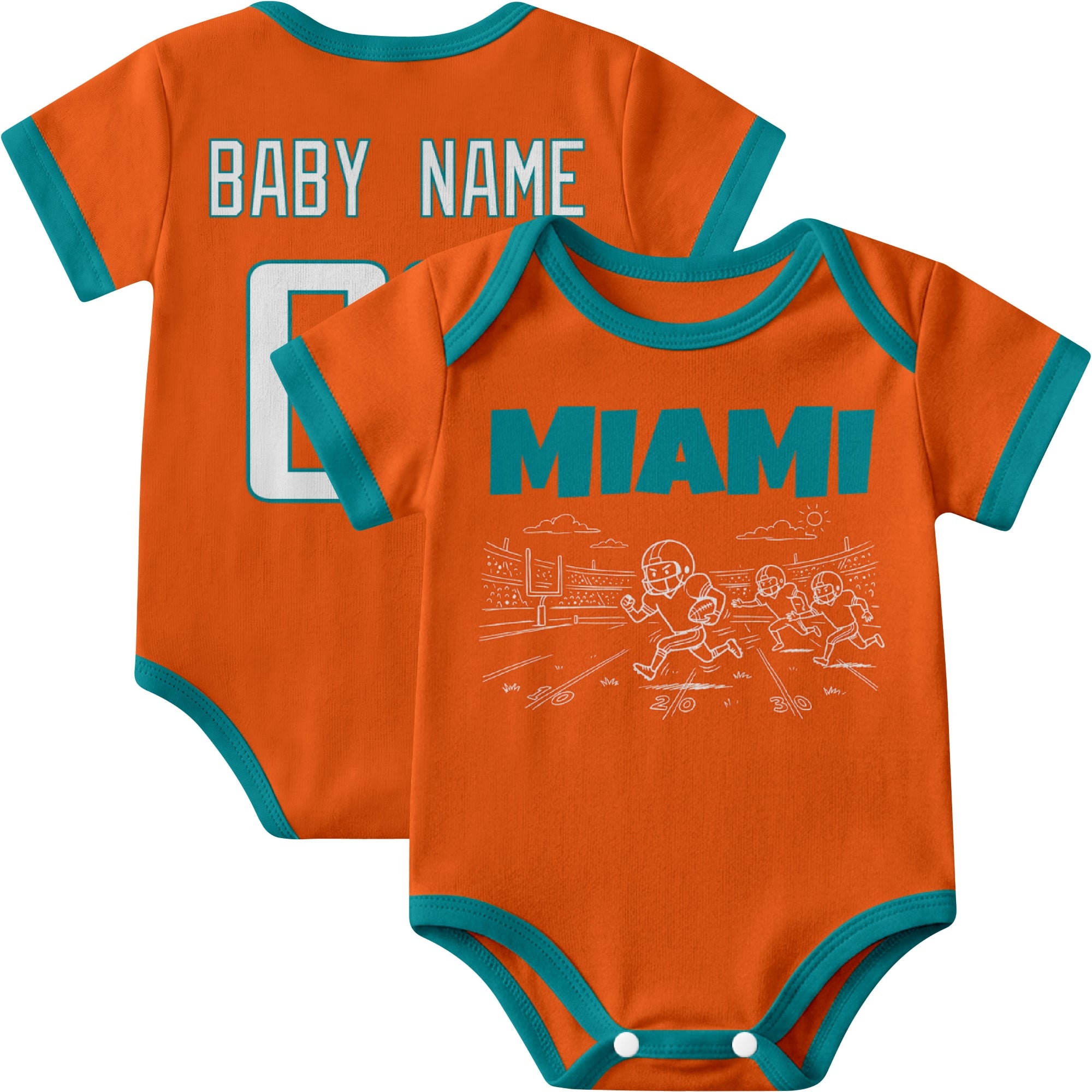 Miami personalized baby football bodysuit in Orange showing front field action scene and back custom baby name and number