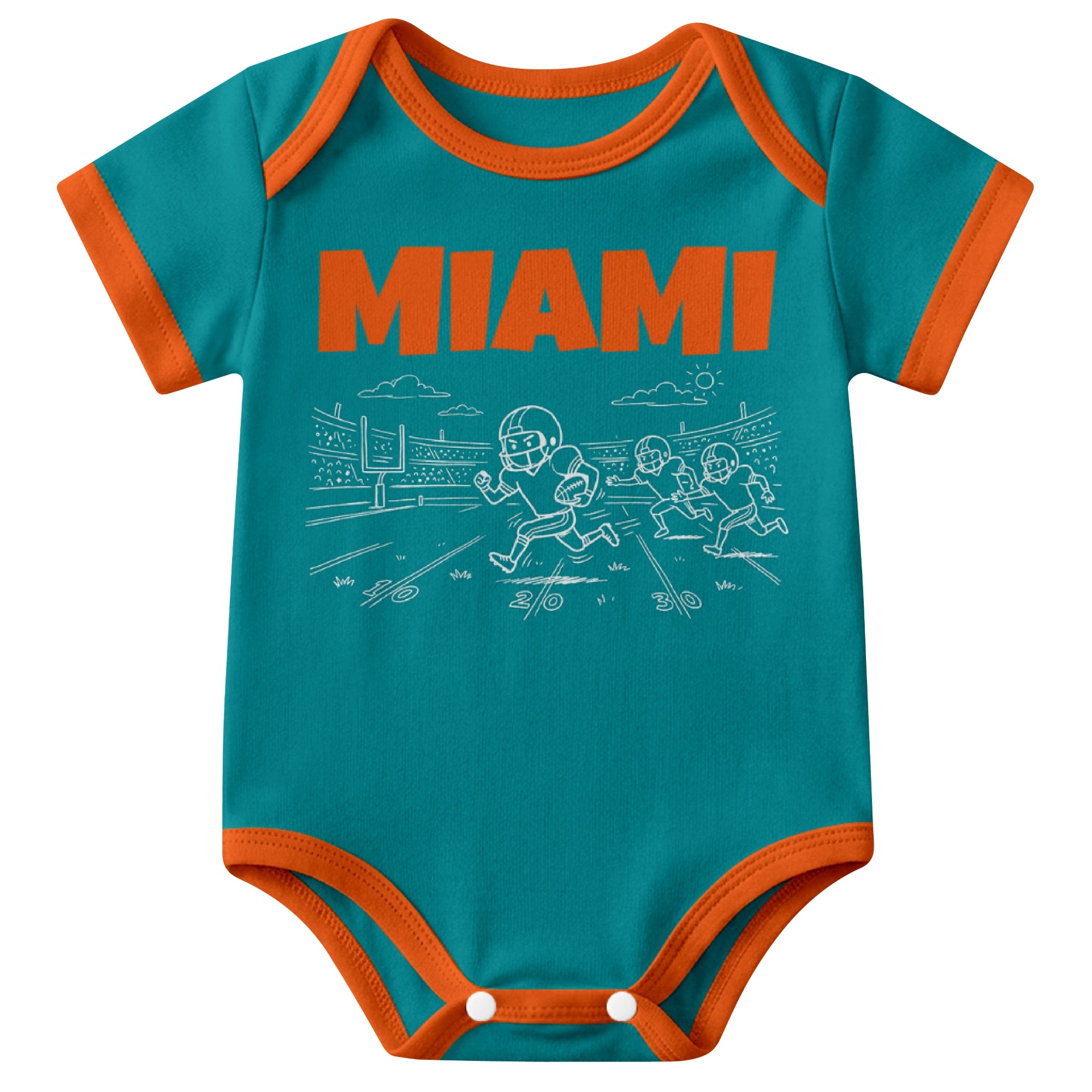 Miami Aqua baby football bodysuit front view with city lettering and football field action graphic