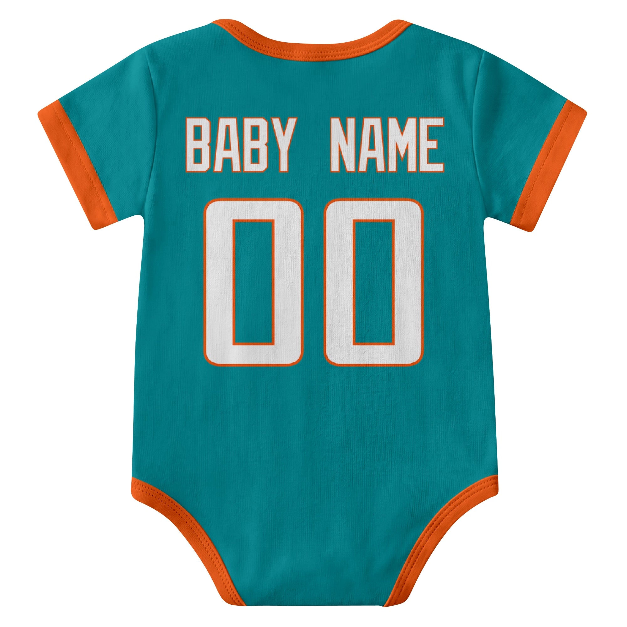 Miami Aqua personalized baby football bodysuit back view with custom baby name and jersey number