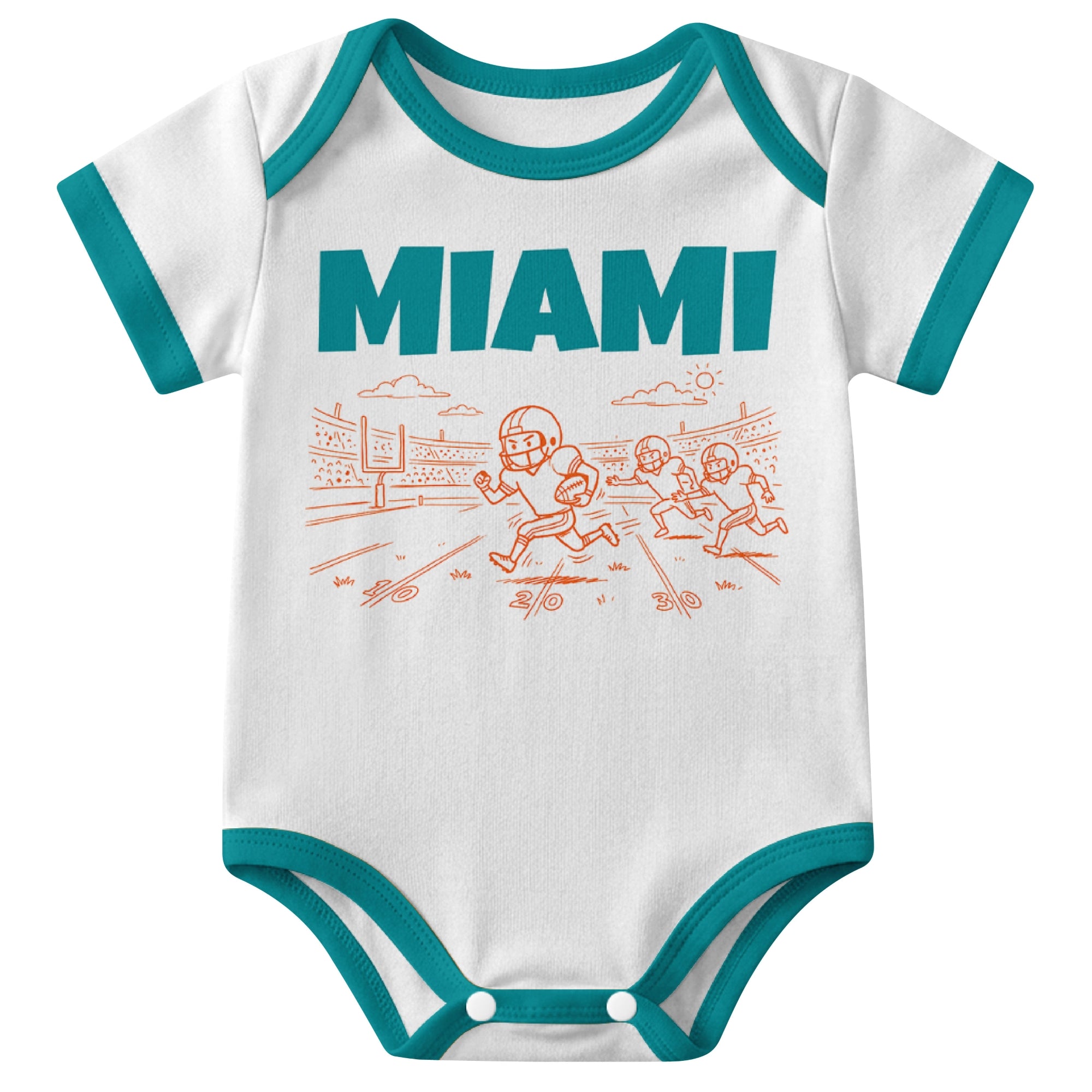Miami White baby football bodysuit front view with city lettering and football field action graphic