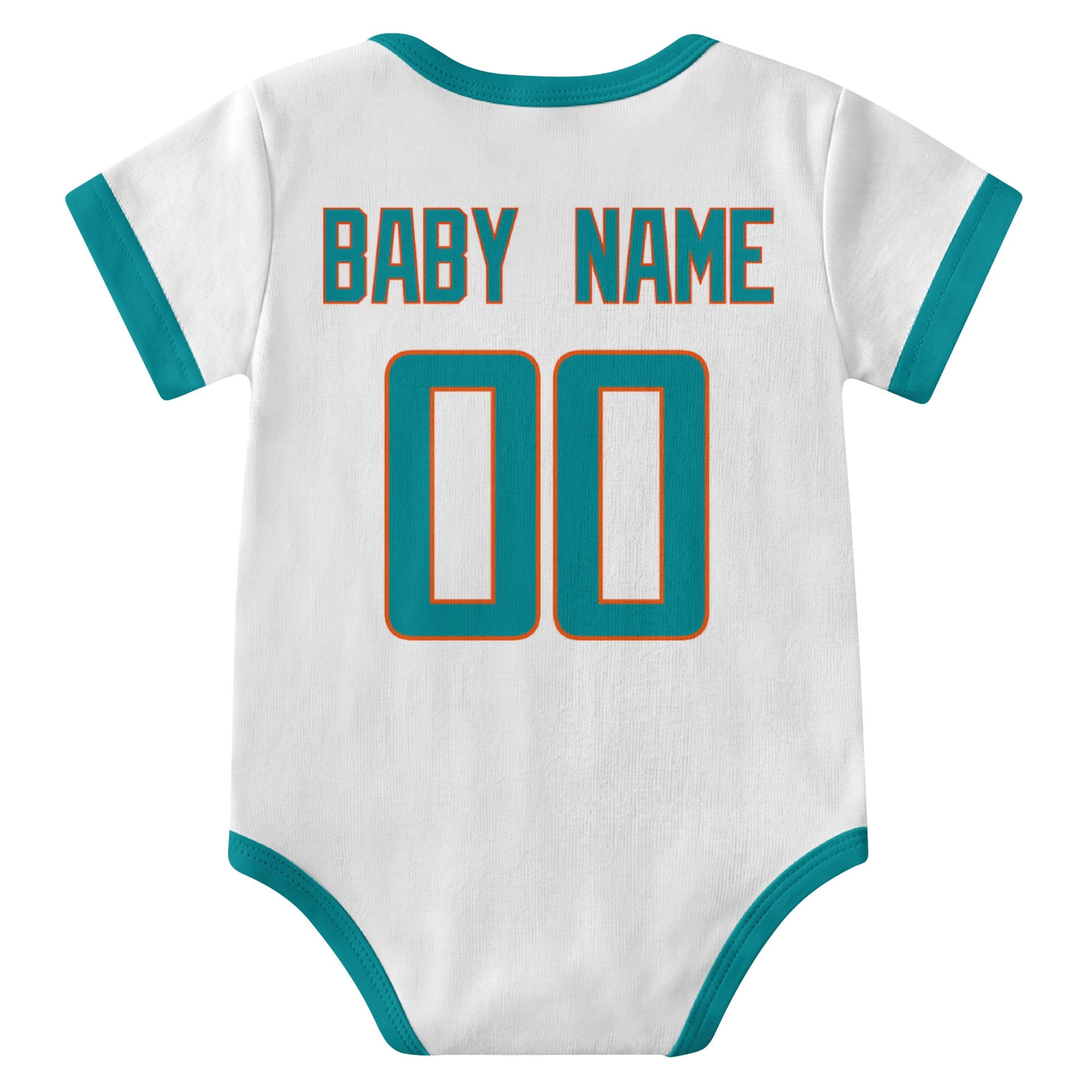 Miami White personalized baby football bodysuit back view with custom baby name and jersey number