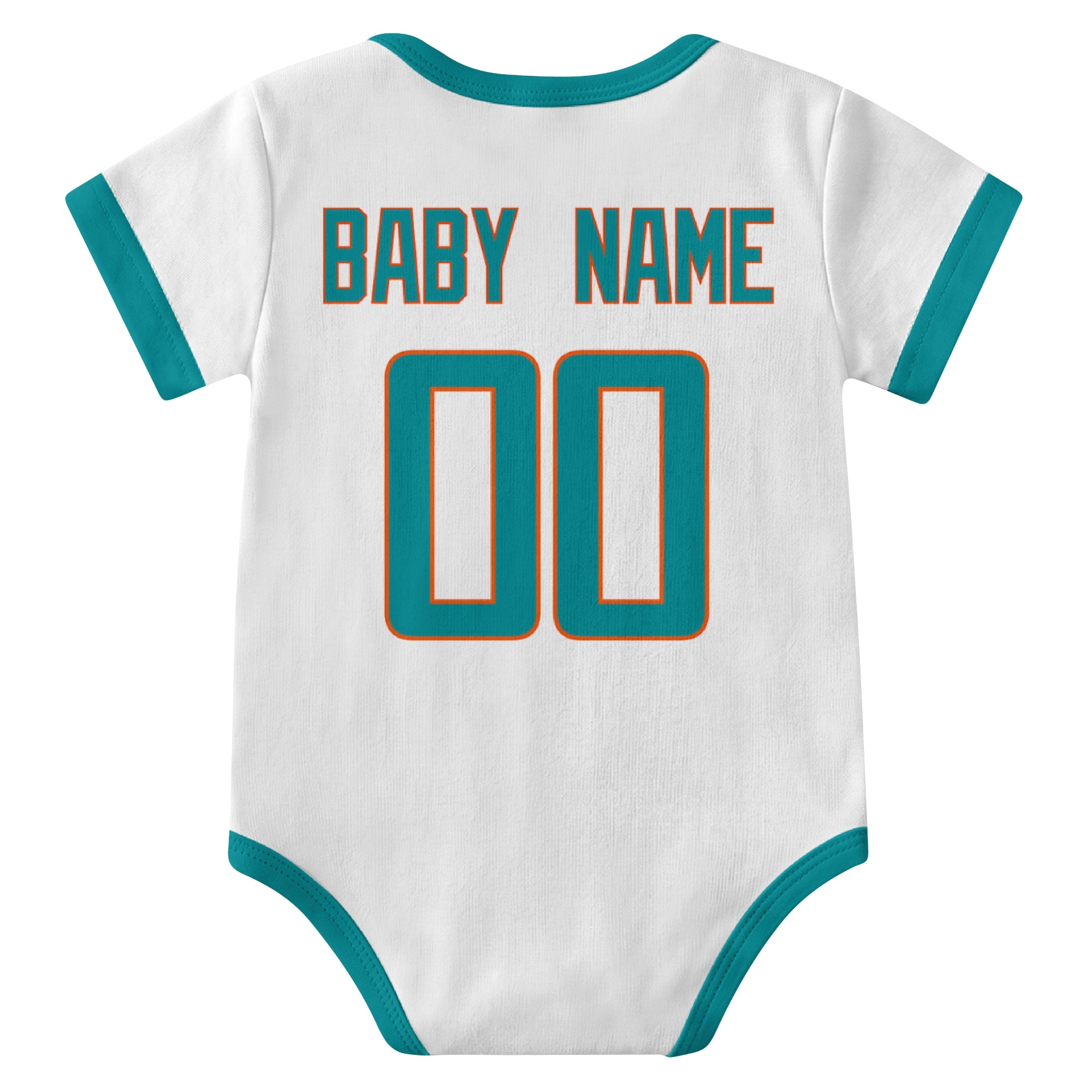 Miami White personalized baby football bodysuit back view with custom baby name and jersey number