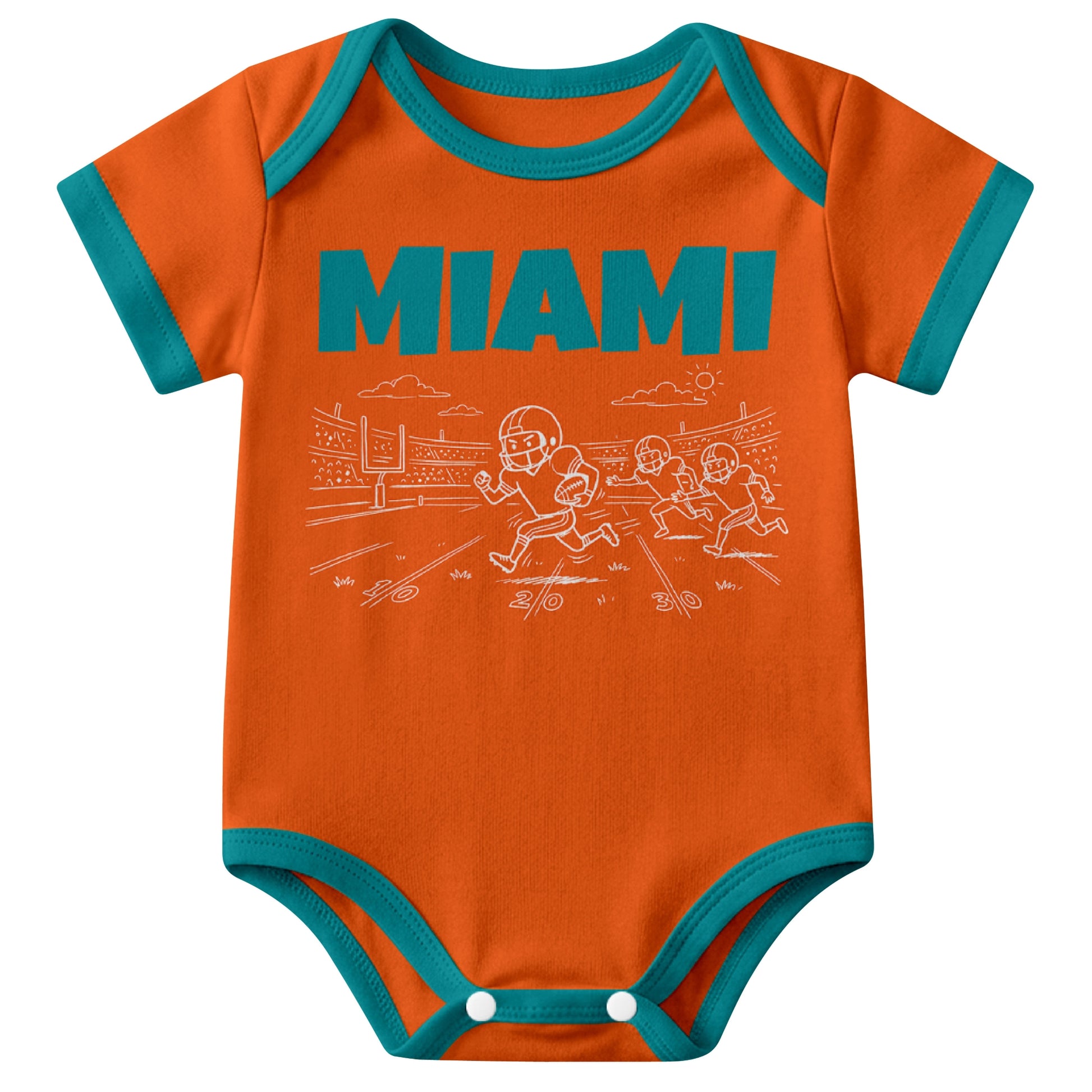 Minnesota Gold baby football bodysuit front view with city lettering and football field action graphic