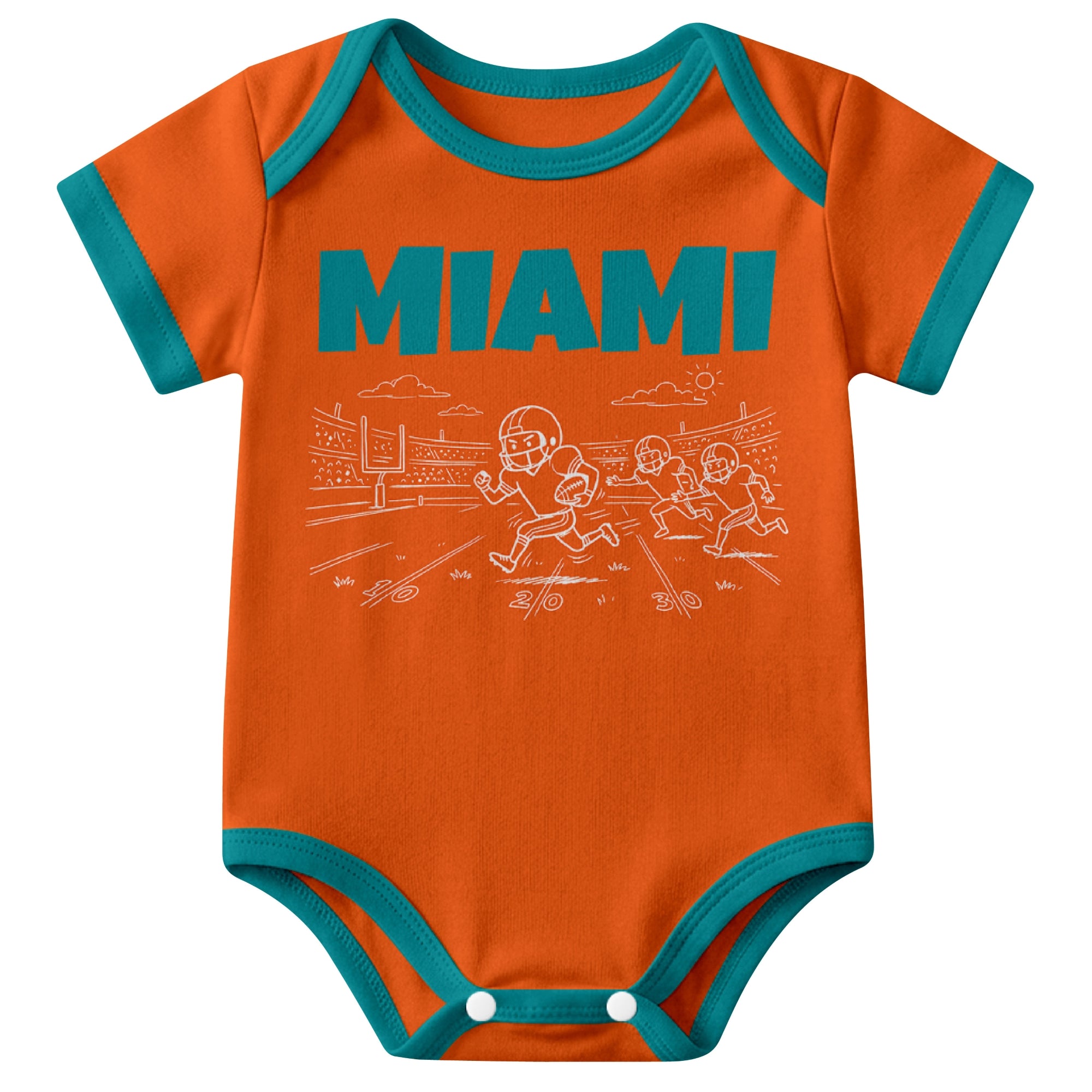 Minnesota Gold baby football bodysuit front view with city lettering and football field action graphic