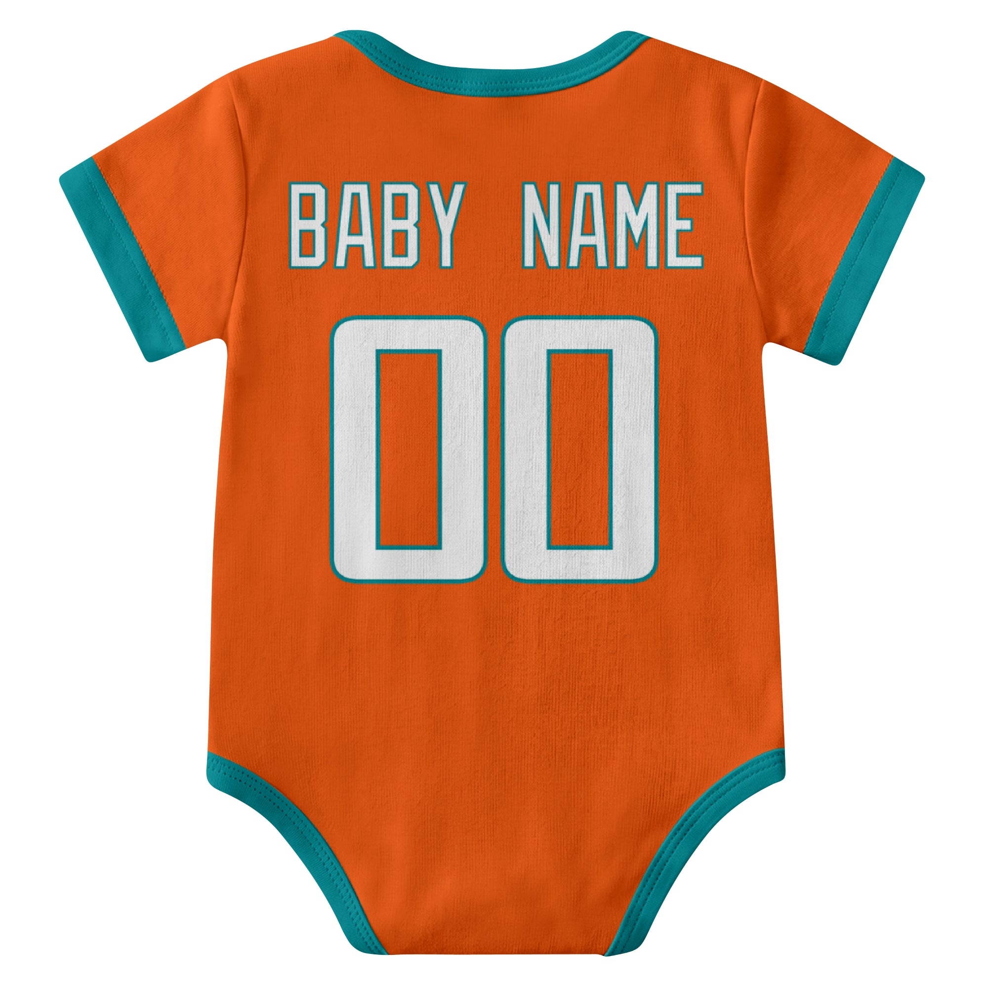 Miami Orange personalized baby football bodysuit back view with custom baby name and jersey number