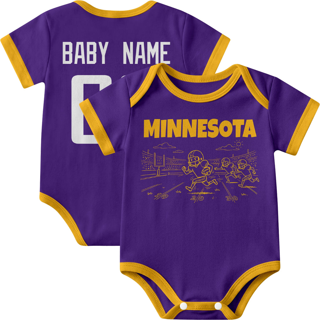 Minnesota personalized baby football bodysuit in Purple showing front field action scene and back custom baby name and number