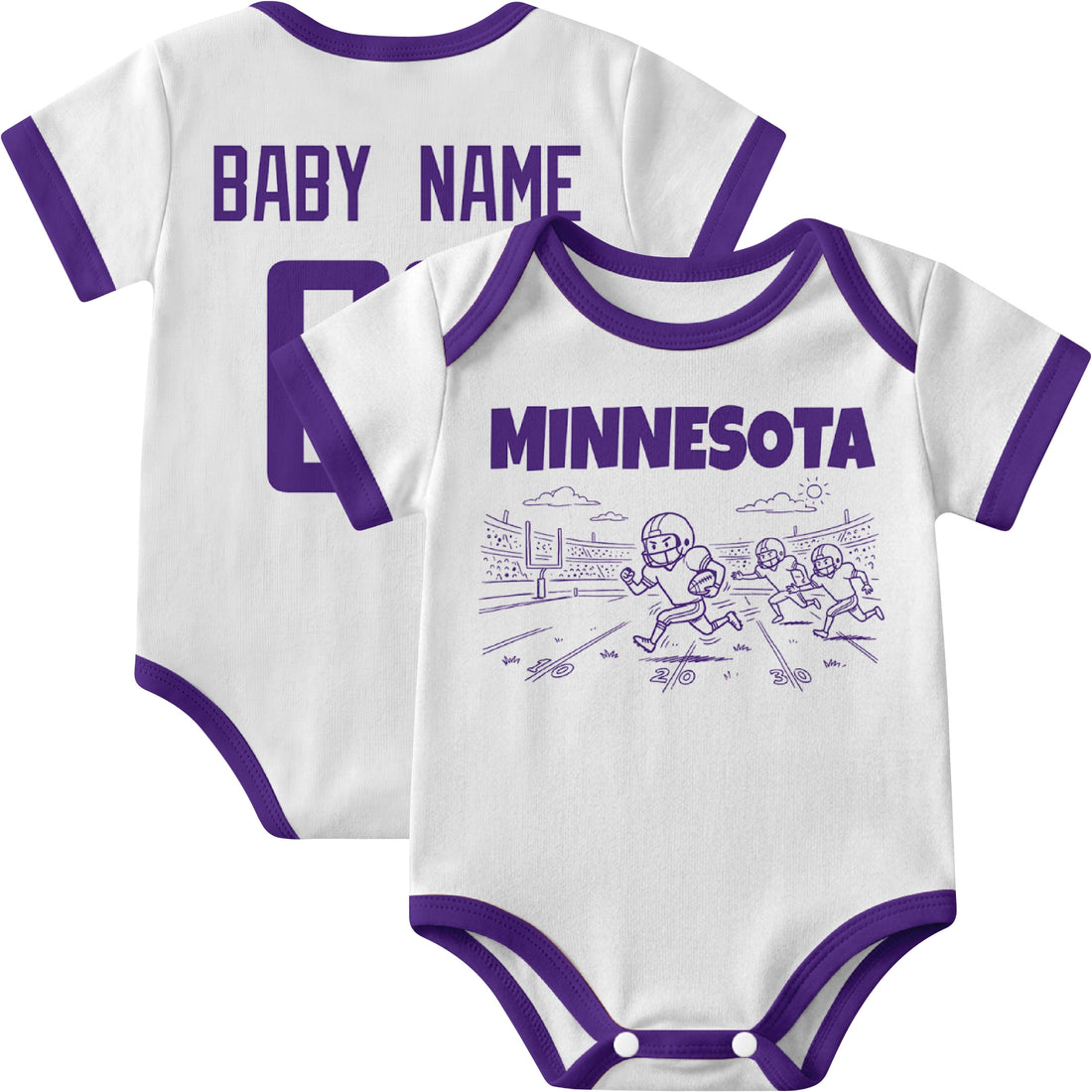 Minnesota personalized baby football bodysuit in Purple showing front field action scene and back custom baby name and number
