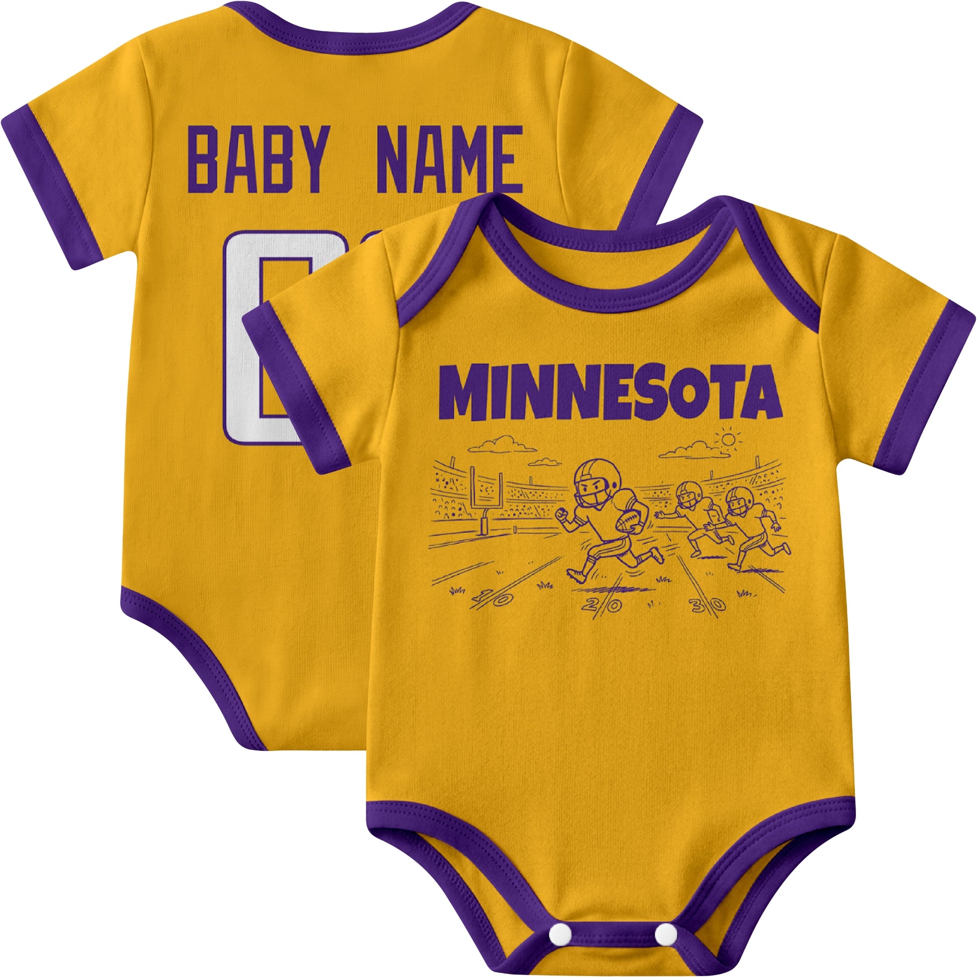 Minnesota personalized baby football bodysuit in Gold showing front field action scene and back custom baby name and number