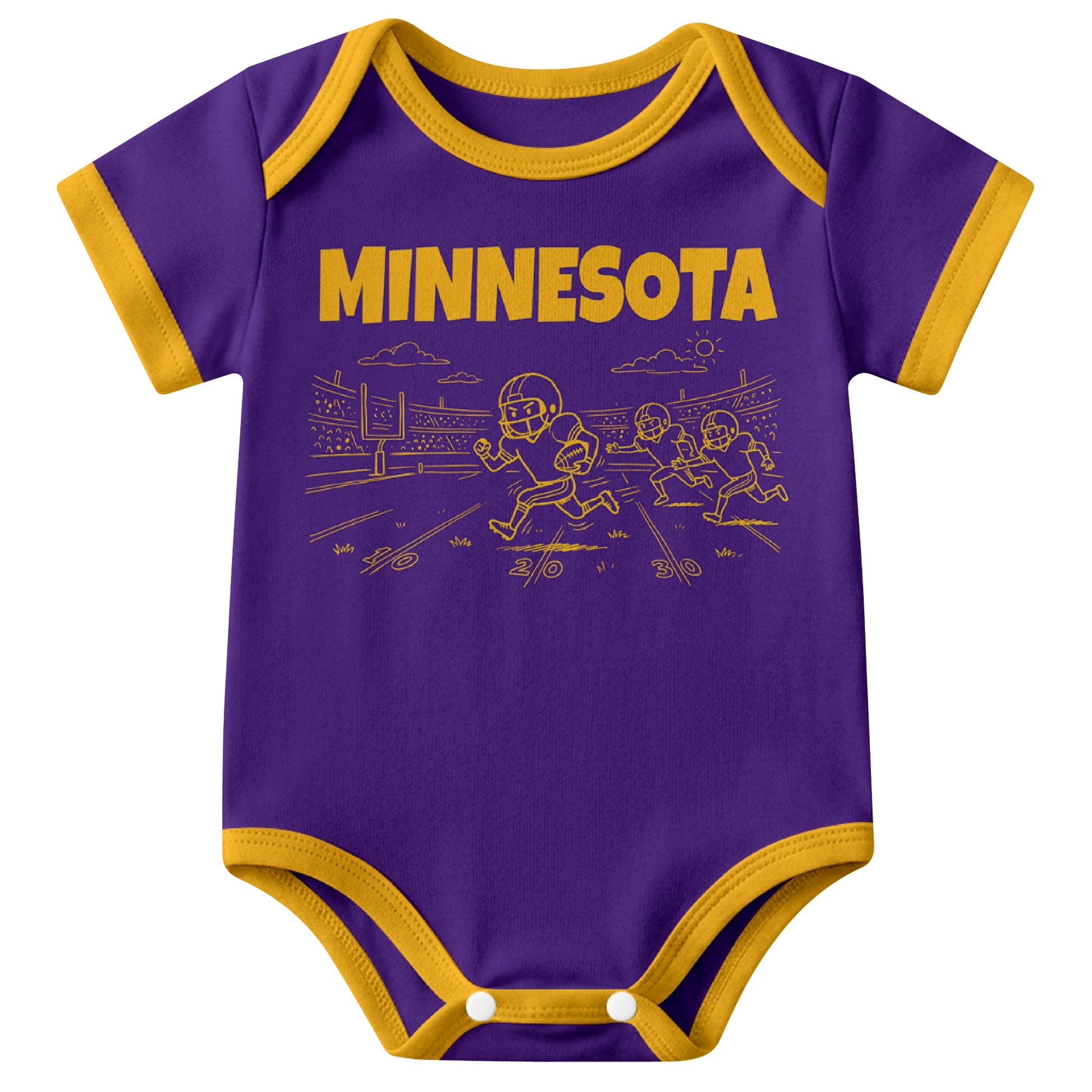 Minnesota Purple baby football bodysuit front view with city lettering and football field action graphic