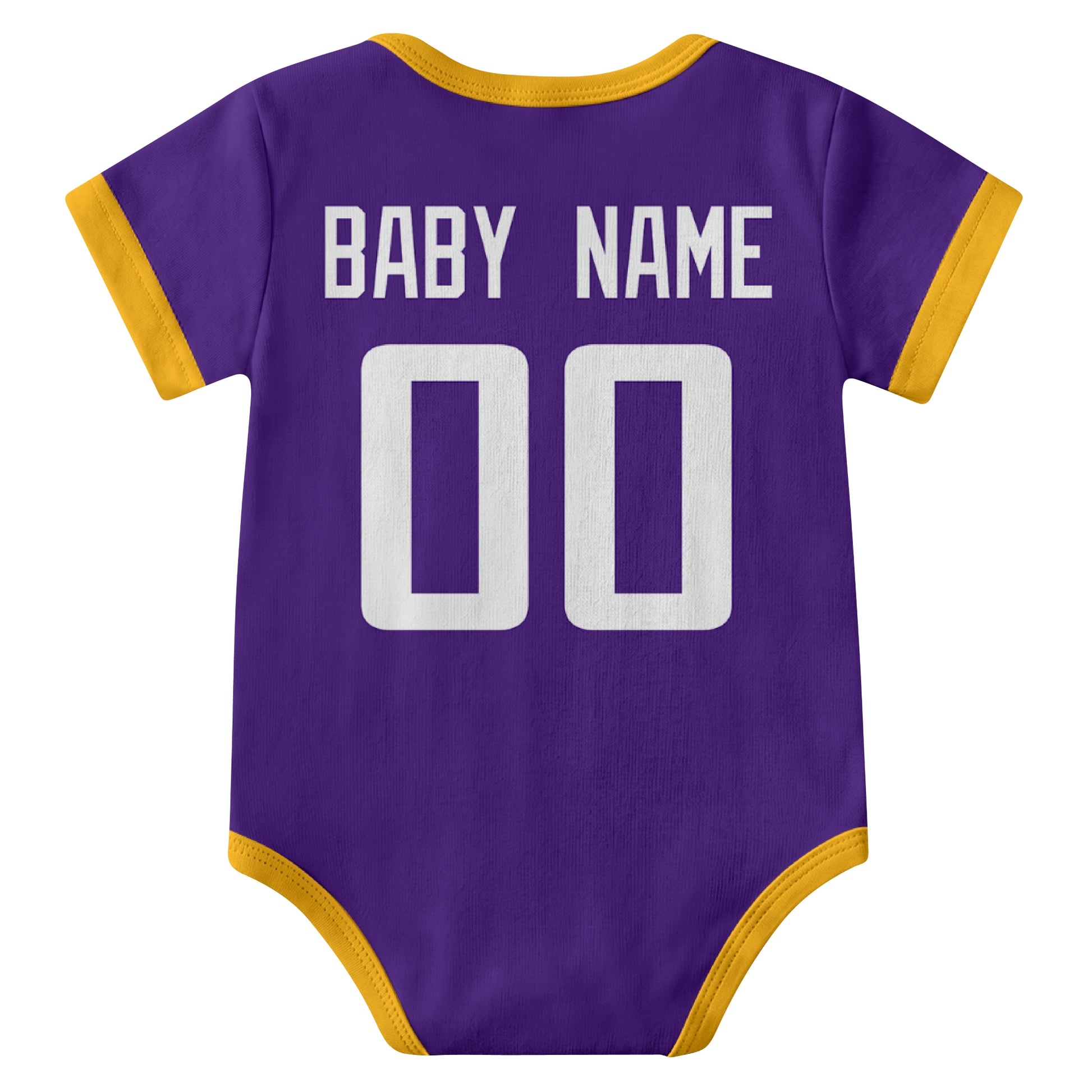 Minnesota Purple personalized baby football bodysuit back view with custom baby name and jersey number