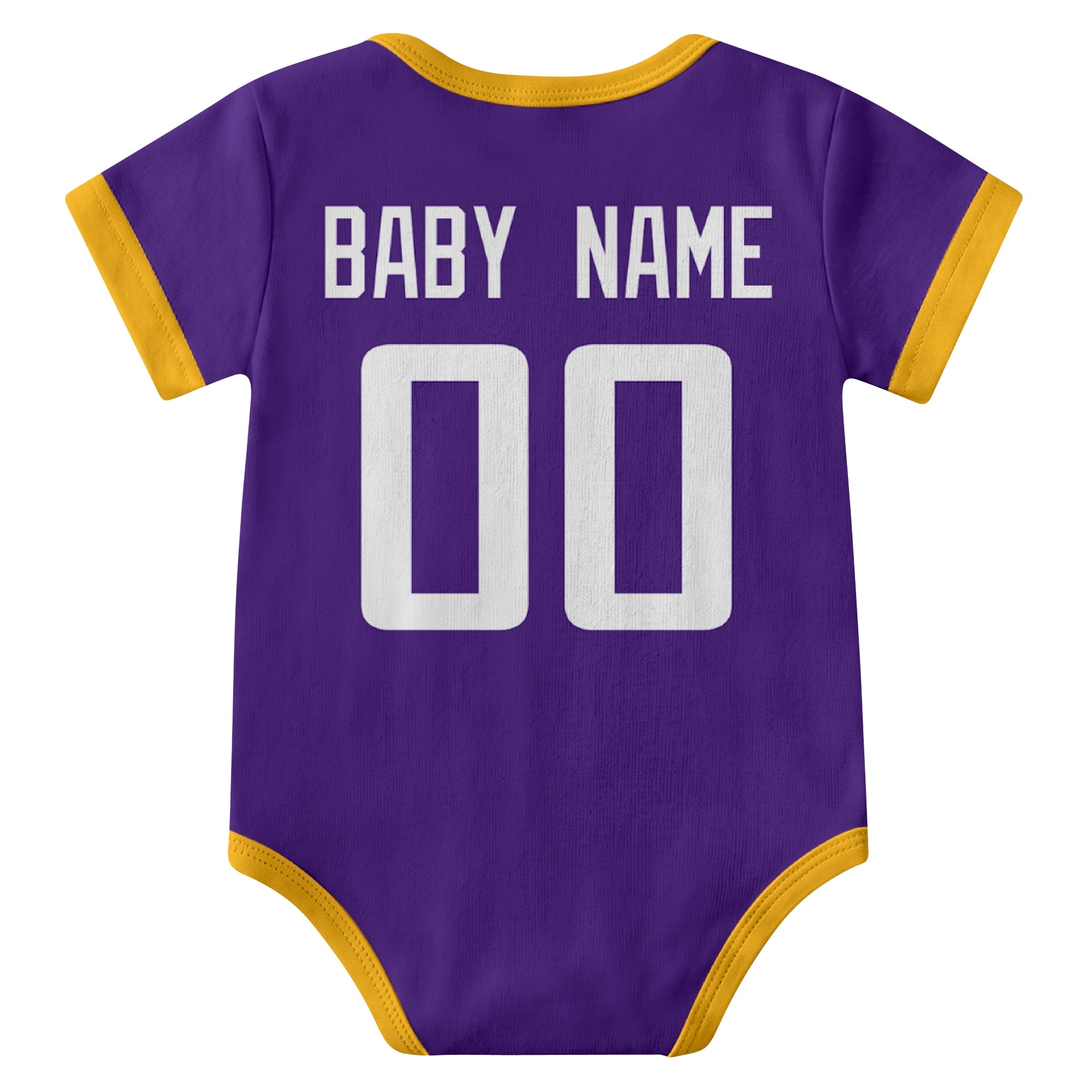 Minnesota Purple personalized baby football bodysuit back view with custom baby name and jersey number