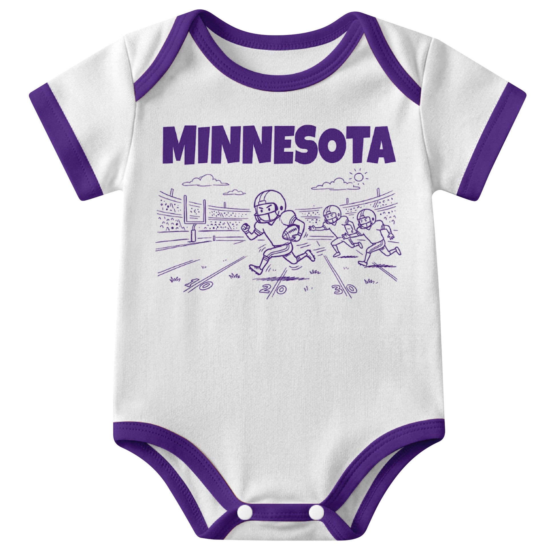 Minnesota White baby football bodysuit front view with city lettering and football field action graphic