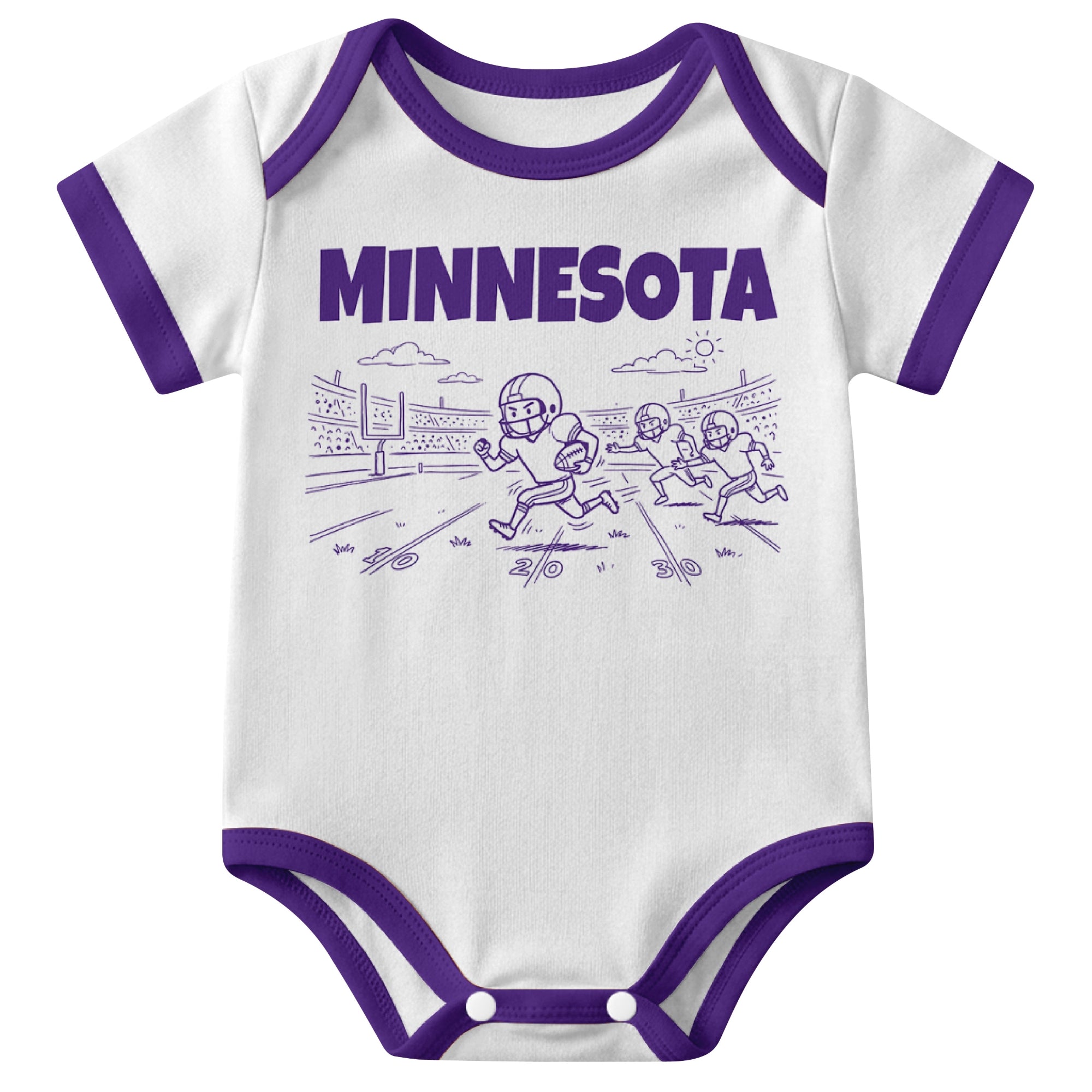 Minnesota White baby football bodysuit front view with city lettering and football field action graphic